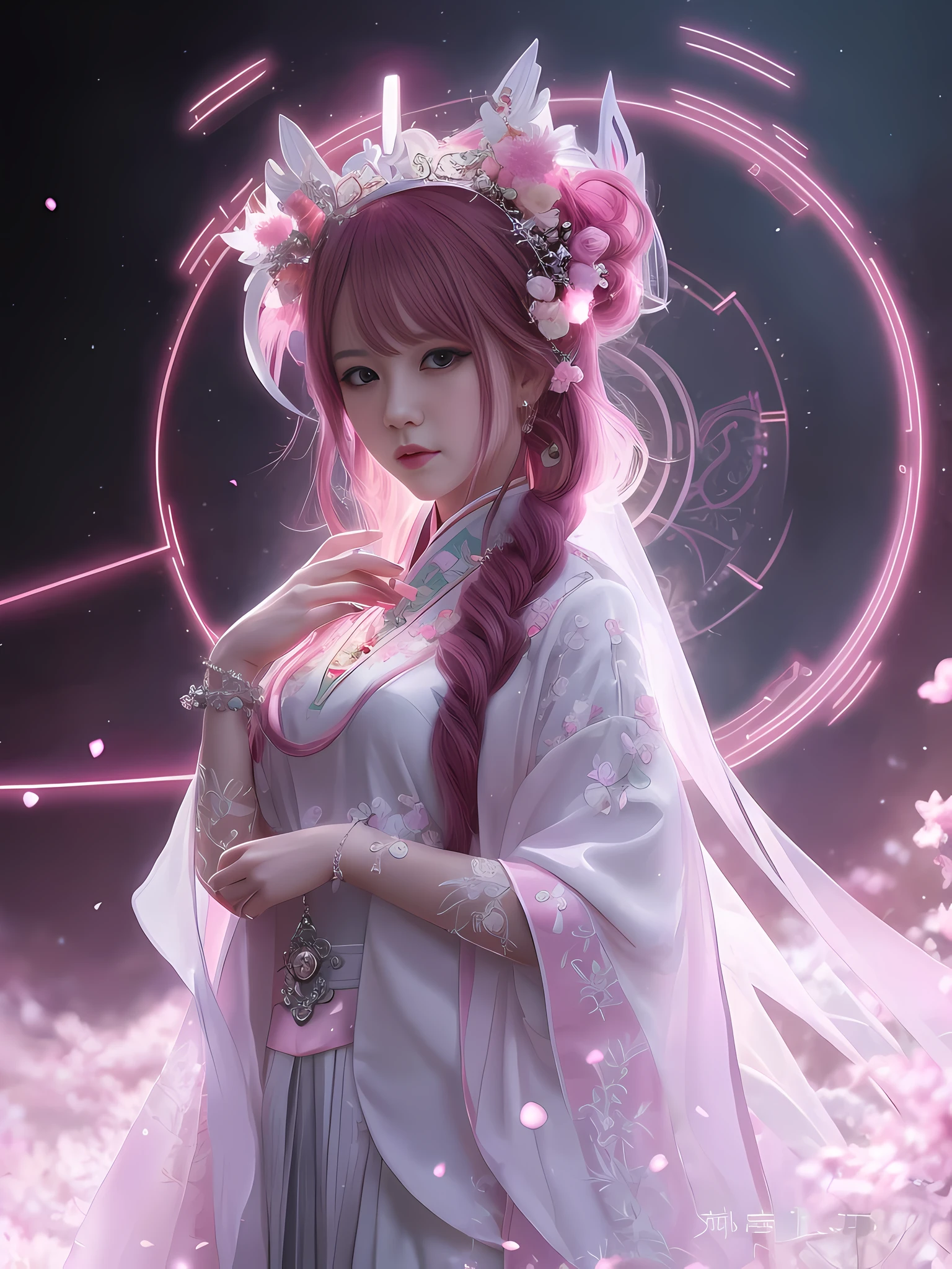 anime girl with pink hair and a white dress holding a pink clock, trending on cgstation, artwork in the style of guweiz, inspired by Ai Xuan, palace ， a girl in hanfu, 8k high quality detailed art, digital fantasy art ), ethereal beauty, Guweiz, a beautiful fantasy empress, fantasy art style, chinese fantasy