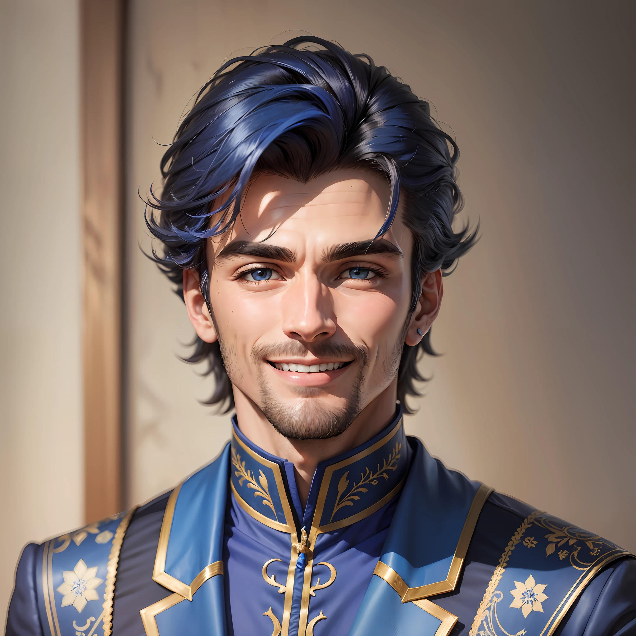 homen de terno azul, alta qualidade, 8k, altamente detalhado, segurando uma caneta azul, forte, sorrindo, dia --auto --s2