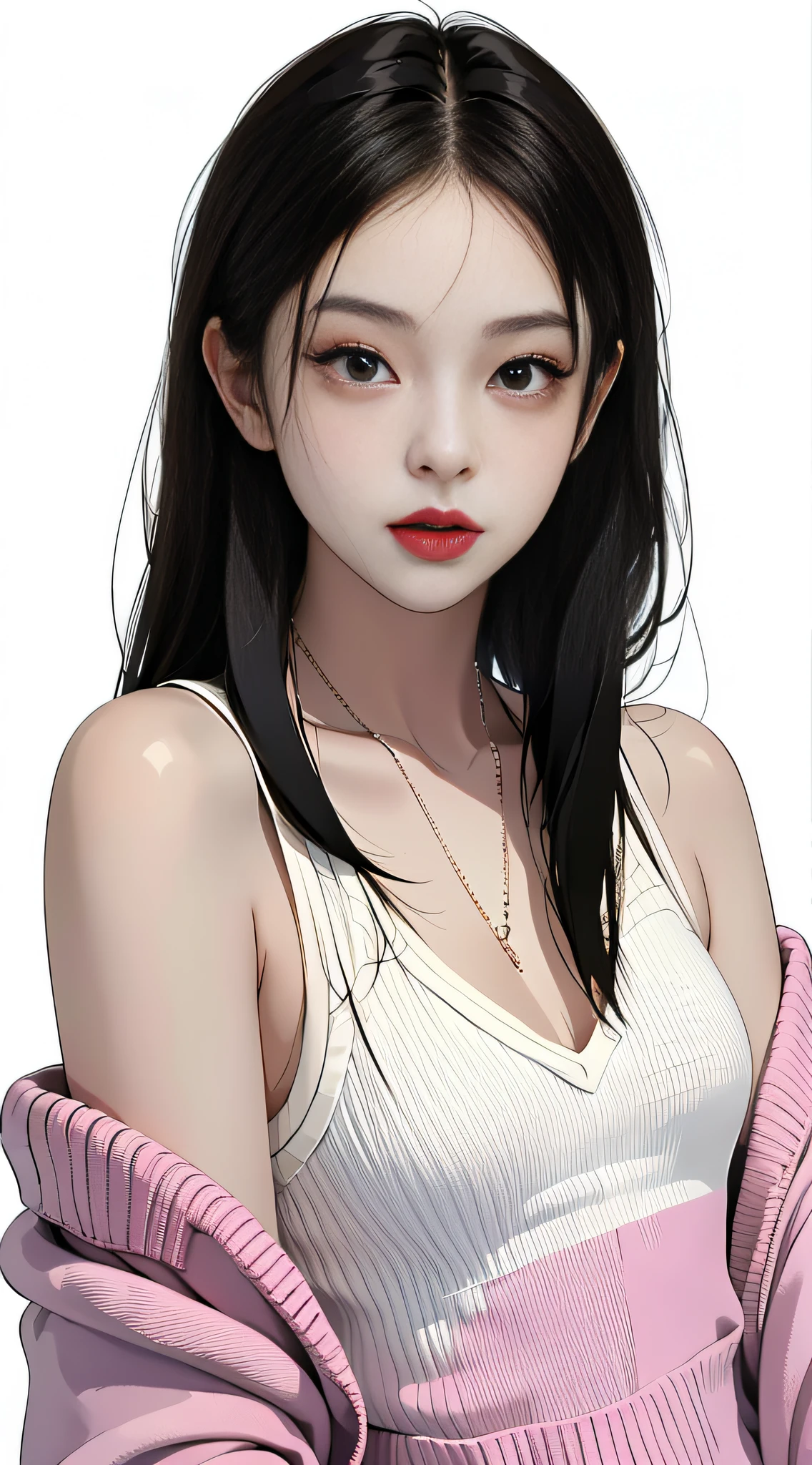 MASTERPIECE,Best),Light effect,superclear, the high，-definition picture, (front face) solo,_Kim Ji-ni Jennie face，Black ball head，Wear a torn colored sweater，Knitted shorts，front face，ID photo，upper Body，whitebackground