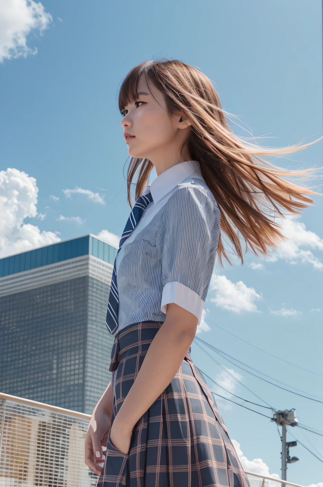 upper Body,From the Side,1person,solo,street scenery,Tokyo scenery,rooftop,daytime,Blue Sky,(Wind:1.2),Delicate face,Looking into the distance,Blonde long hair,Brown eyes,Short sleeve uniform,Silver-blue striped tie,Blue tartan skirt,hands on waist,looking into the distance,