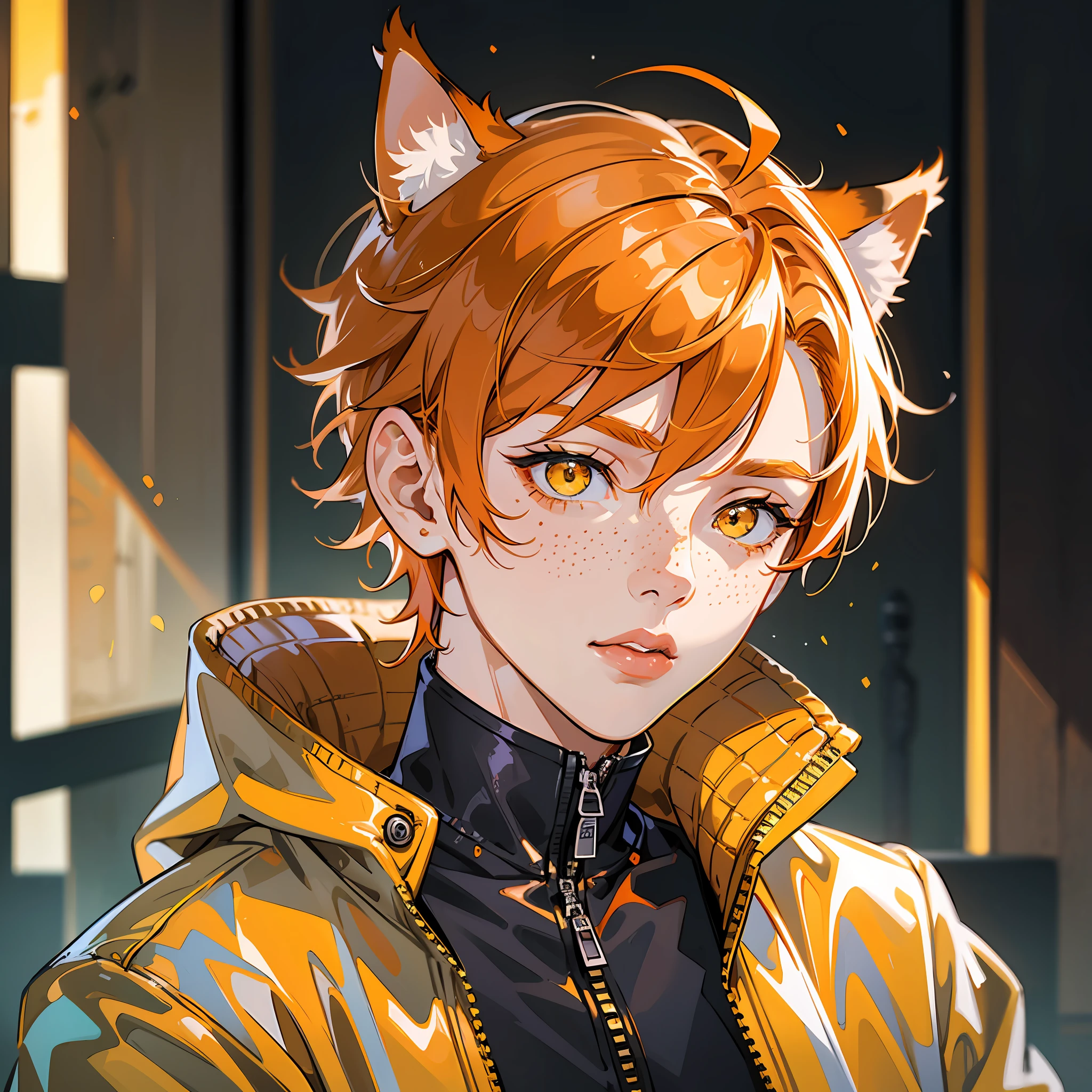 masterpiece, best quality, solo, animal ears, yellow eyes, orange hair, cat ears, orange hair, freckles,1boy, jacket, upper body, orange hair, looking at viewer, male focus, lips, zipper, short hair, ORANGE hair --auto --s2