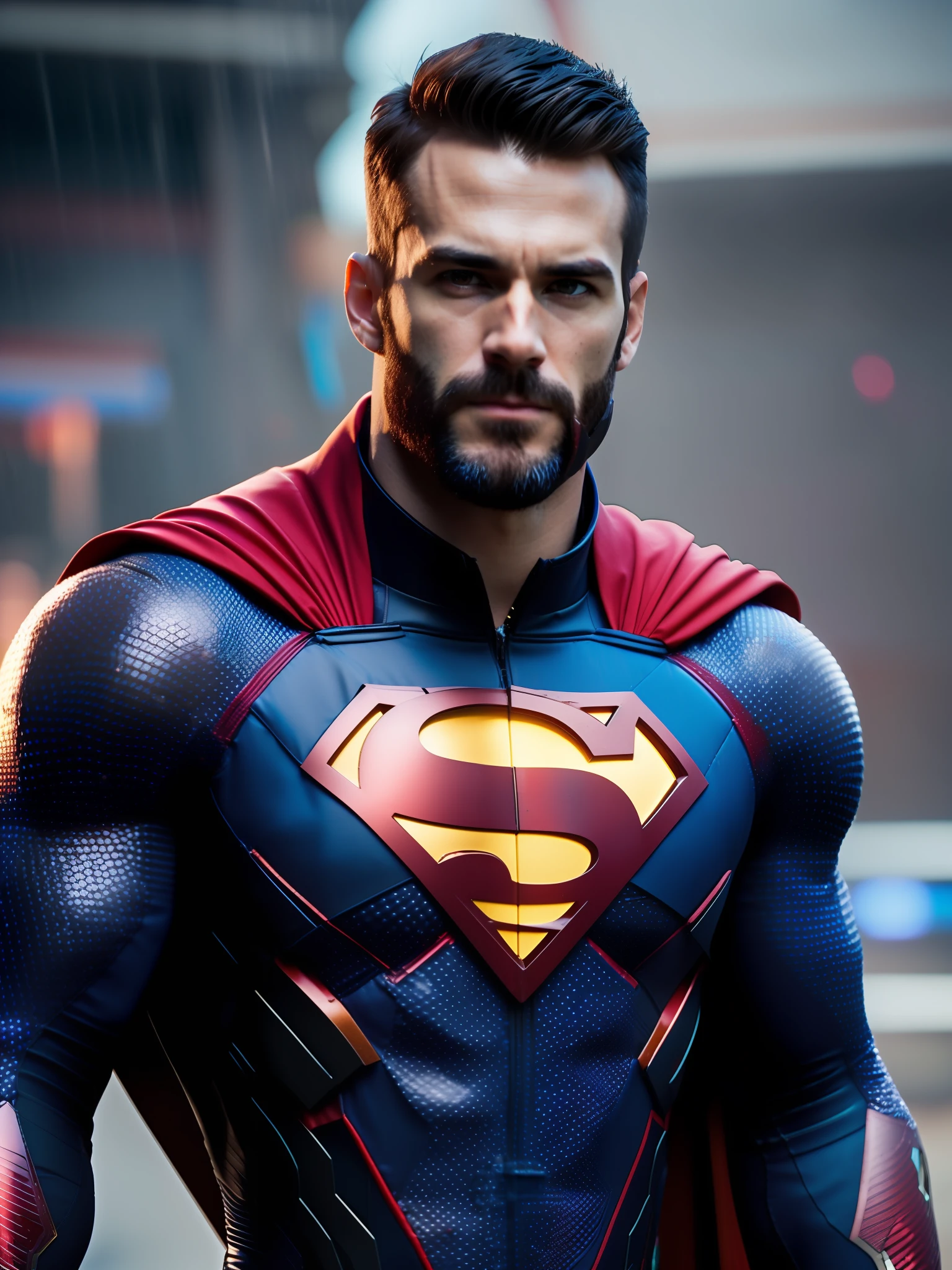 Superman award-winning photo of a man, Blue and red superhero suit, square jawline, asymmetric face, big hair, big beard, in rain, angry, red eyes, purple light, 80mm, bokeh, mass effect, close up, fking_cinema_v2, 8k, cinematic