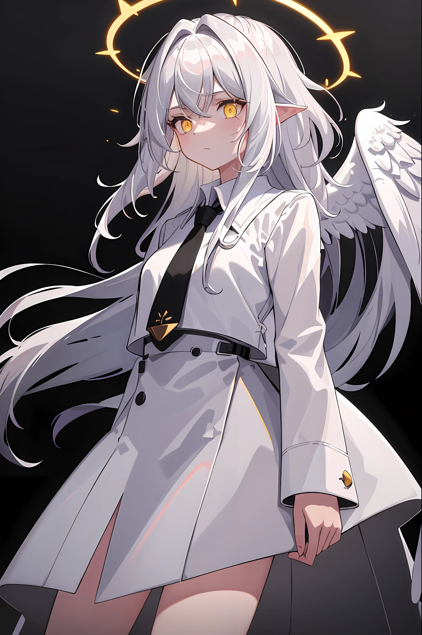 (masterpiece, best quality:1.3), (ultra-detailed:1.3), 1girl, solo, (white hair, messy hair, long hair), (angel wings, angel halo), flat chest, yellow eyes, (white shirt, black necktie, black coat, open coat), cowboy shot, cinematic lighting, (((glowing light particles))), (arms behind back), dynamic angle,