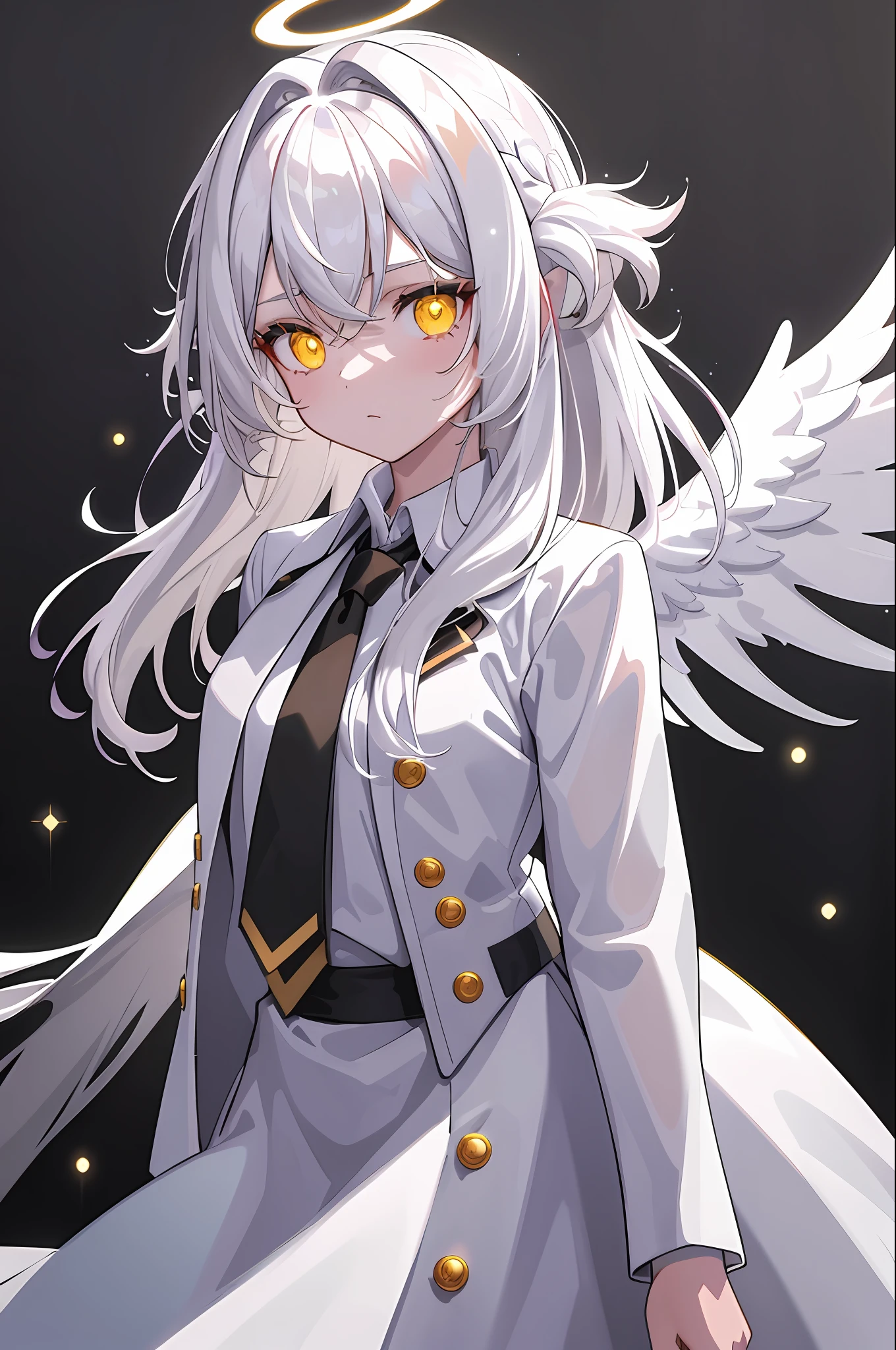 (masterpiece, best quality:1.3), (ultra-detailed:1.3), 1girl, solo, (white hair, messy hair, long hair), (angel wings, angel halo), flat chest, yellow eyes, (white shirt, black necktie, black coat, open coat), cowboy shot, cinematic lighting, (((glowing light particles))), (arms behind back), dynamic angle,
