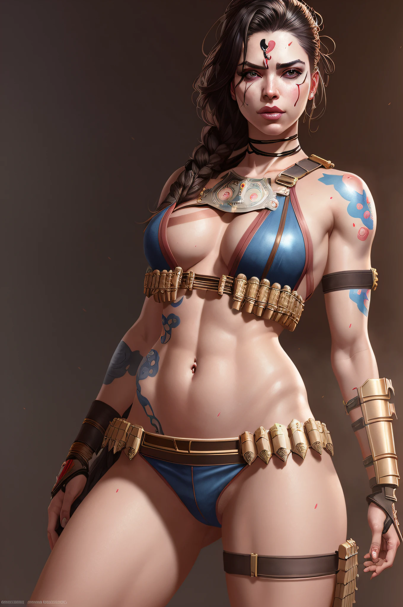 a warrior woman in underwear by sandra chevrier, greg rutkowski and wlop, high key lighting, volumetric light, digital art, highly detailed, fine detail, intricate, ornate, complex, octane render, unreal engine, photorealistic