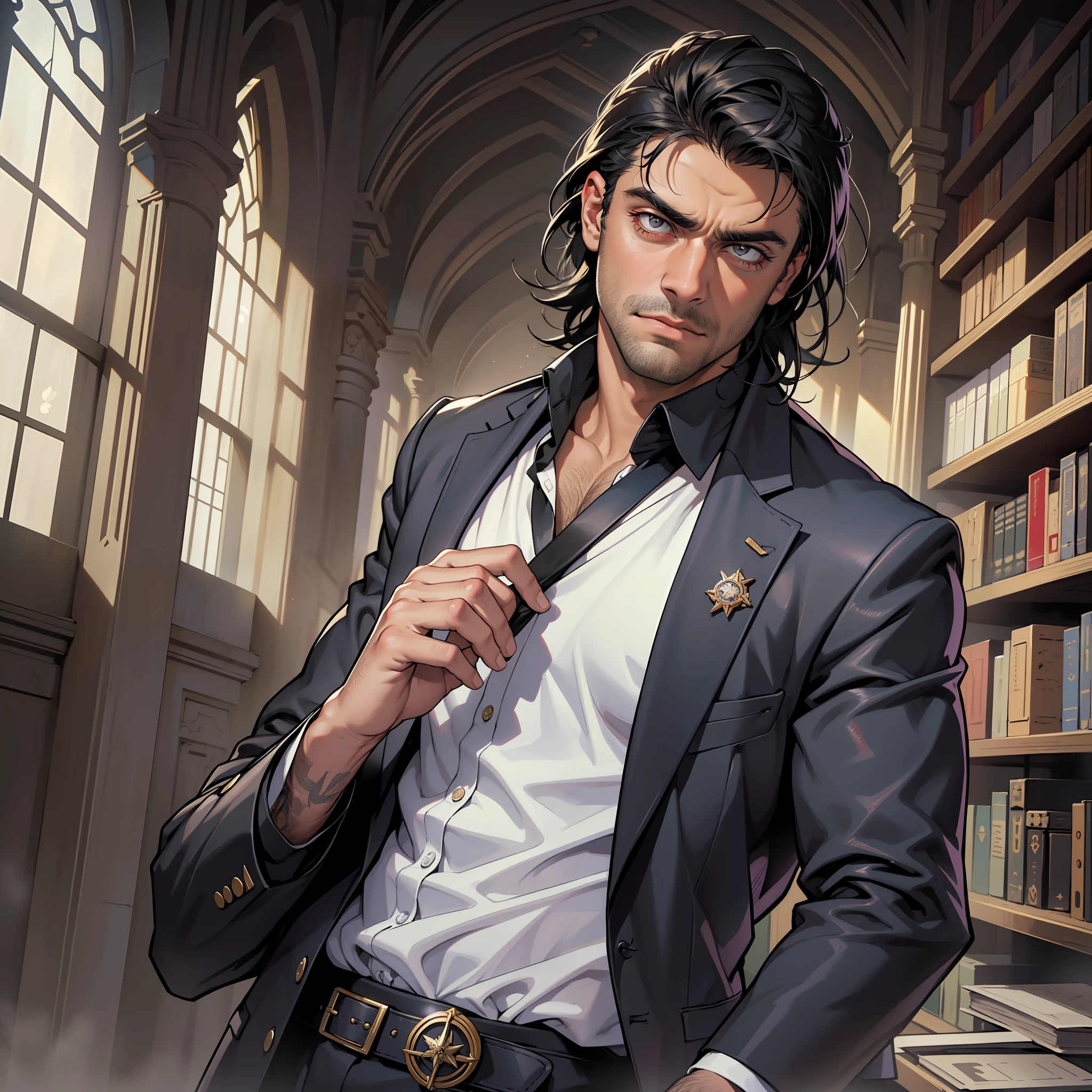 (papel de parede 8k extremamente detalhado), tema escuro, Vampire the Masquerade, terror moderno, anos 2020, homem meia idade, vestindo terno preto, saltando para o espectador com uma espada grande de prata, focus sharp, (Subsurface scattering:1.1), fotografia premiada, rosto centralizado, rosto de Oscar Isaac, ((um metamorfo))), tiro de meio corpo:1.1, medium black hair, bigode e barba pretos, olhos amarelos sobrenaturais, enigmatic expression, Interior of Mystical Library, dramatic illumination, sfw