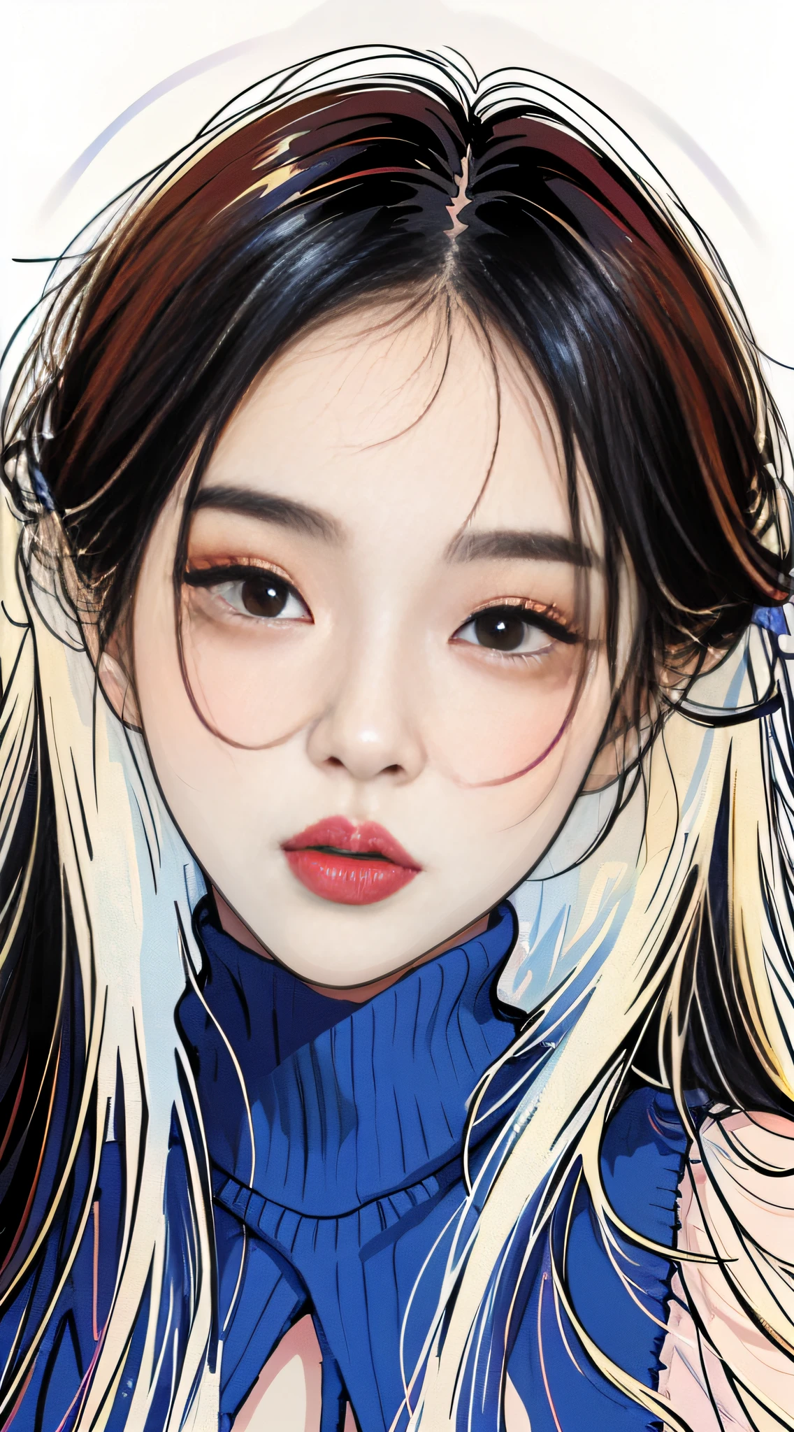 MASTERPIECE,Best),Light effect,superclear, the high,-definition picture, (front face) solo,_Kim Ji-ni Jennie face,Black ball head,Wear a torn colored sweater,Knitted shorts,front face,ID photo,upper Body,whitebackground