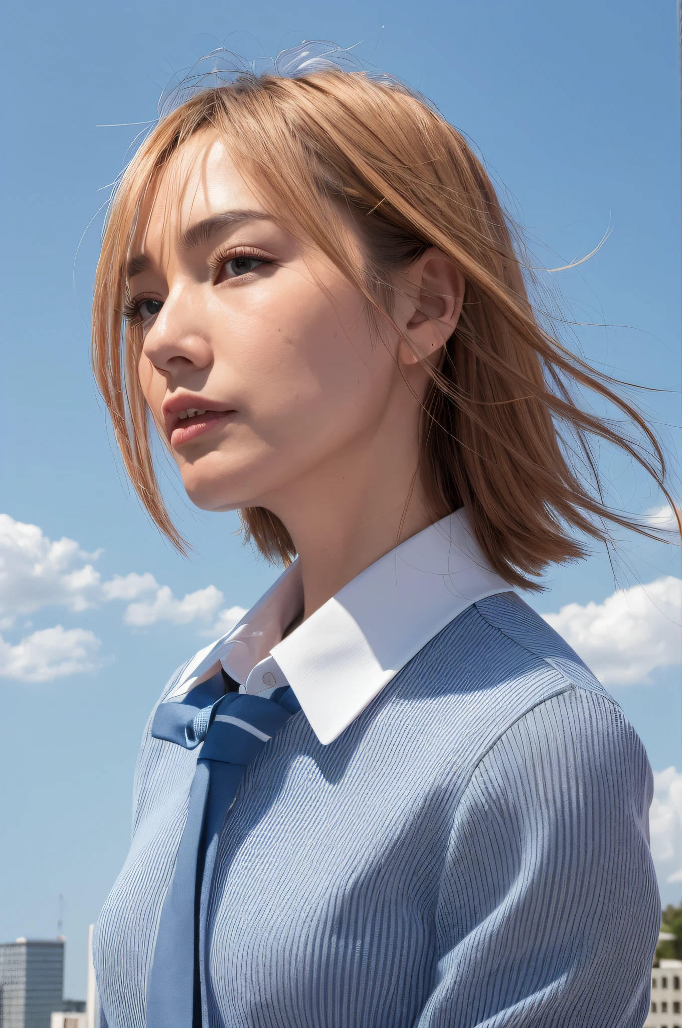 upper Body,From the Side,1 Mature woman,solo、beautiful  face、cutest、street scenery,Tokyo scenery,rooftop,daytime,Blue Sky,(Wind:1.2),Delicate face,Looking into the distance,Blonde long hair,Brown eyes,Short sleeve uniform,Silver-blue striped tie,Blue tartan skirt,hands on waist,looking into the distance,