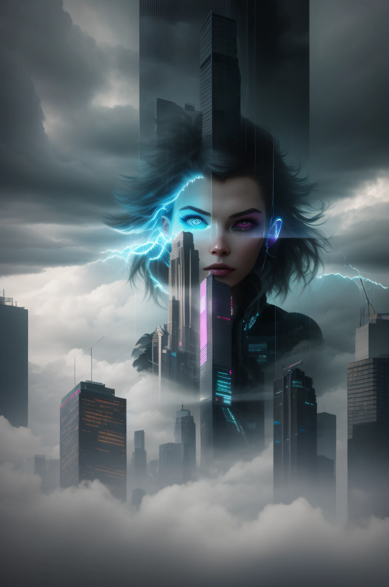 cyberpunk [foggy cityscape in the distance : very pretty girl, city:0.33] immersed in a giant flow of wind, living in a thunder cloud, behind the cloud, (double exposure:1.3), photo by Brandon Woelfelmist, surreal dream, gray atmosphere, rainy day, dynamic, lut, hdr