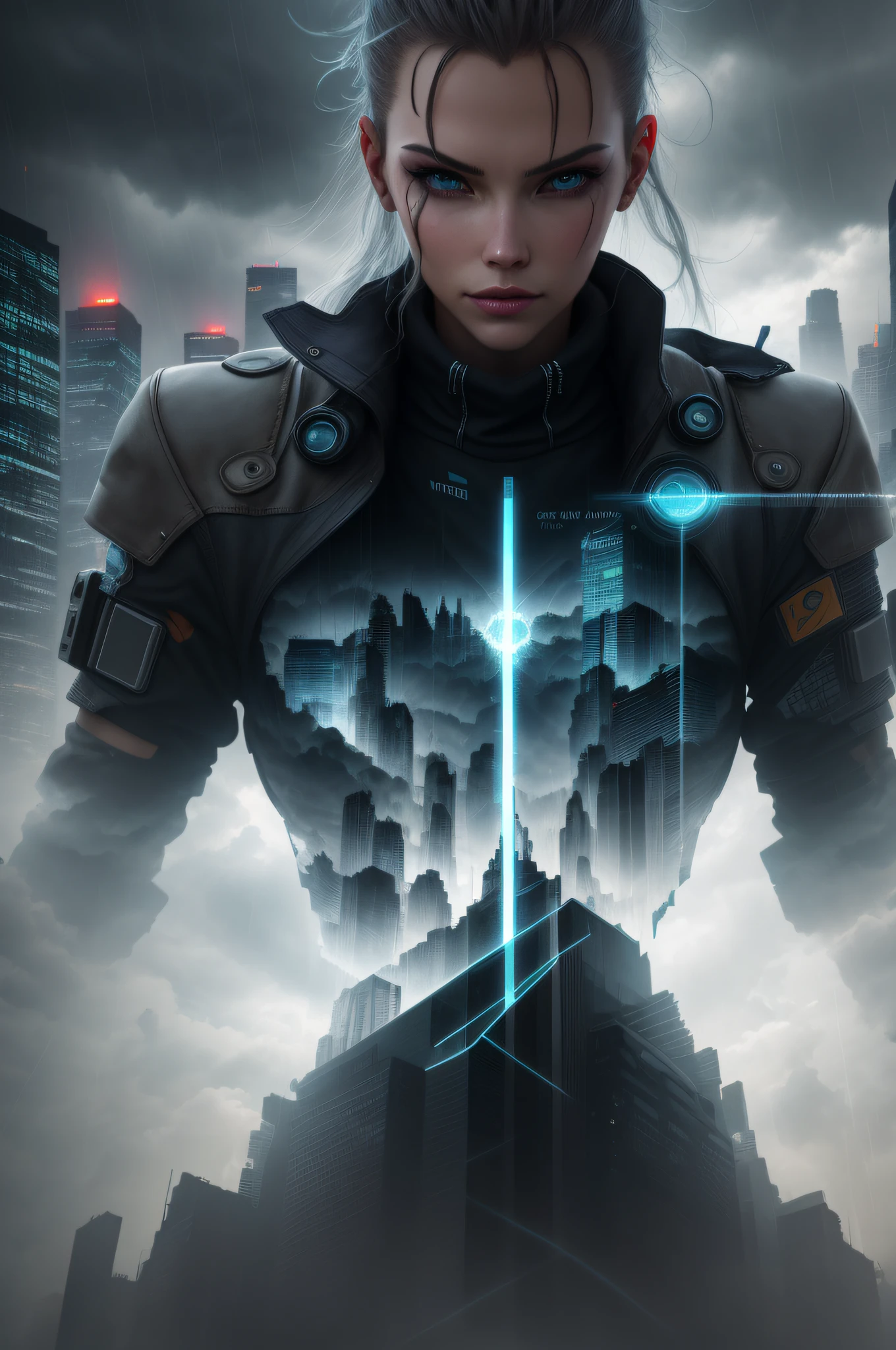 cyberpunk [foggy cityscape in the distance : very pretty girl, city:0.33] immersed in a giant flow of wind, living in a thunder cloud, behind the cloud, (double exposure:1.3), photo by Brandon Woelfelmist, surreal dream, gray atmosphere, rainy day, dynamic, lut, hdr