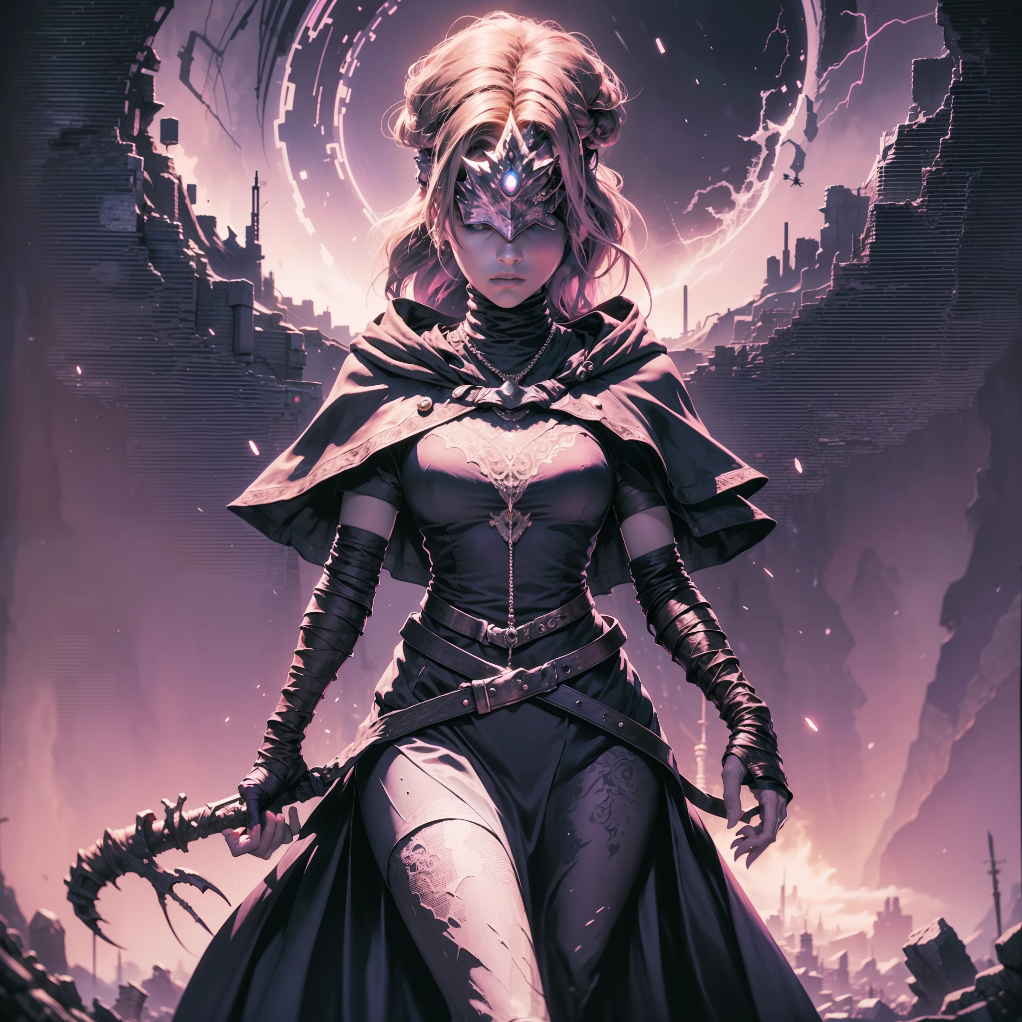 "An unparalleled masterpiece of detailed absurdres art featuring Blind Firekeeper, a lone girl in a stunning black dress and capelet, her bandaged arm adding to her enigmatic aura. The synthwave-inspired purple and pink tones are amplified by a dynamite Synthwave filter, heightening the nocturnal energy of the scene."