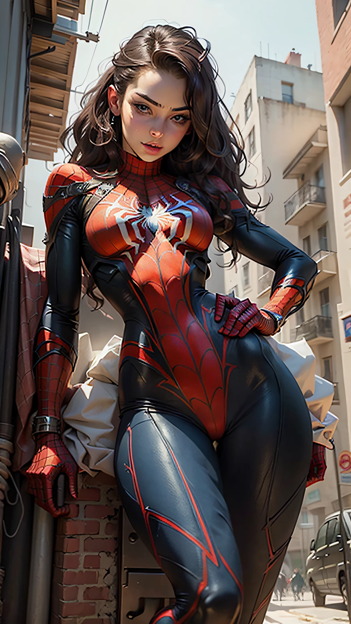 Beautiful woman detailed defined body using spider man cosplay, small breasts