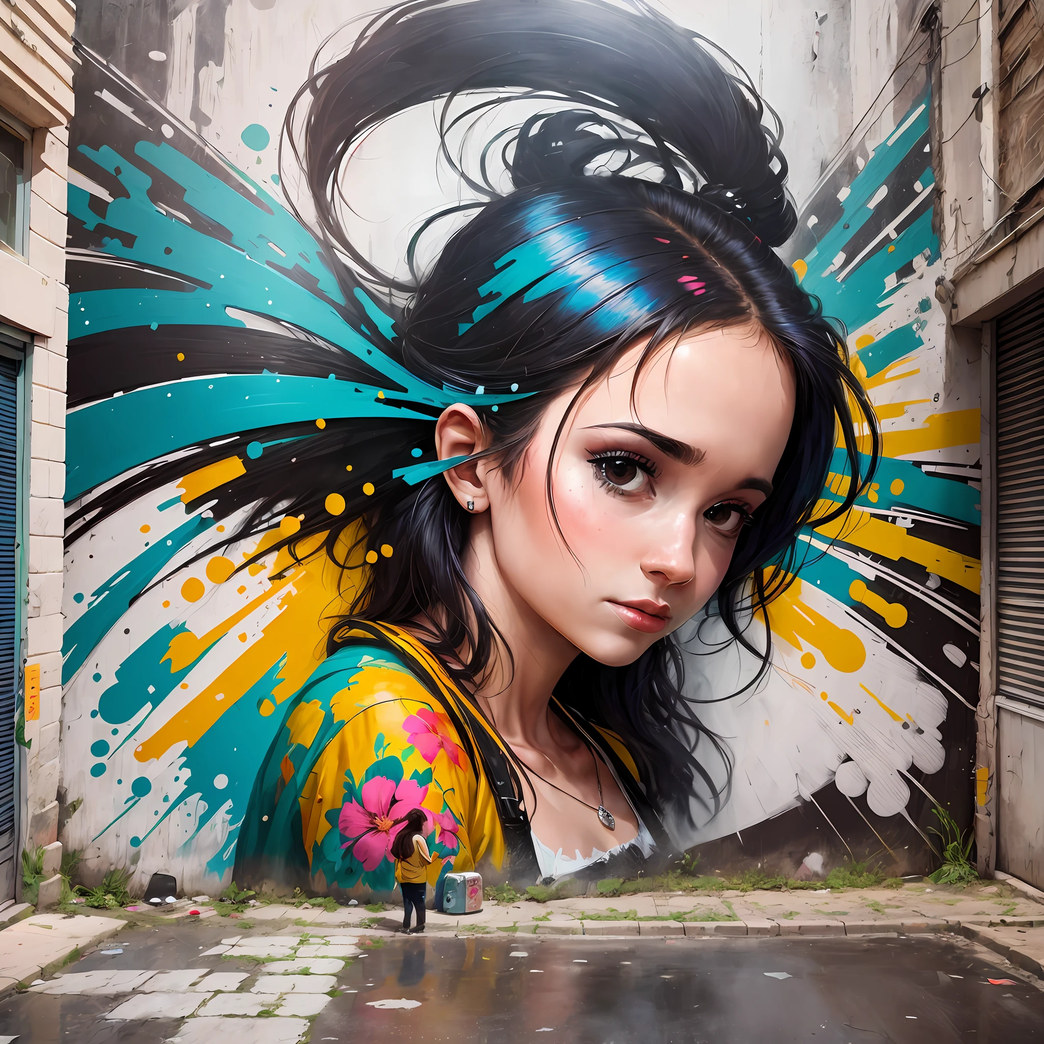 Arte do graffiti de uma mulher com um cabelo colorido e uma flor, Arte de Rua 8K, bela arte digital, obras de arte impressionantes, arte de rua, Arte de rua, incredible art, incredible art, arte de rua:2 obras-primas, pintado em uma parede gigante, arte de rua : 4 obras-primas, arte de rua:4 obras-primas, Beeple e Jeremias Ketner, incredible digital art, arte de rua moderna