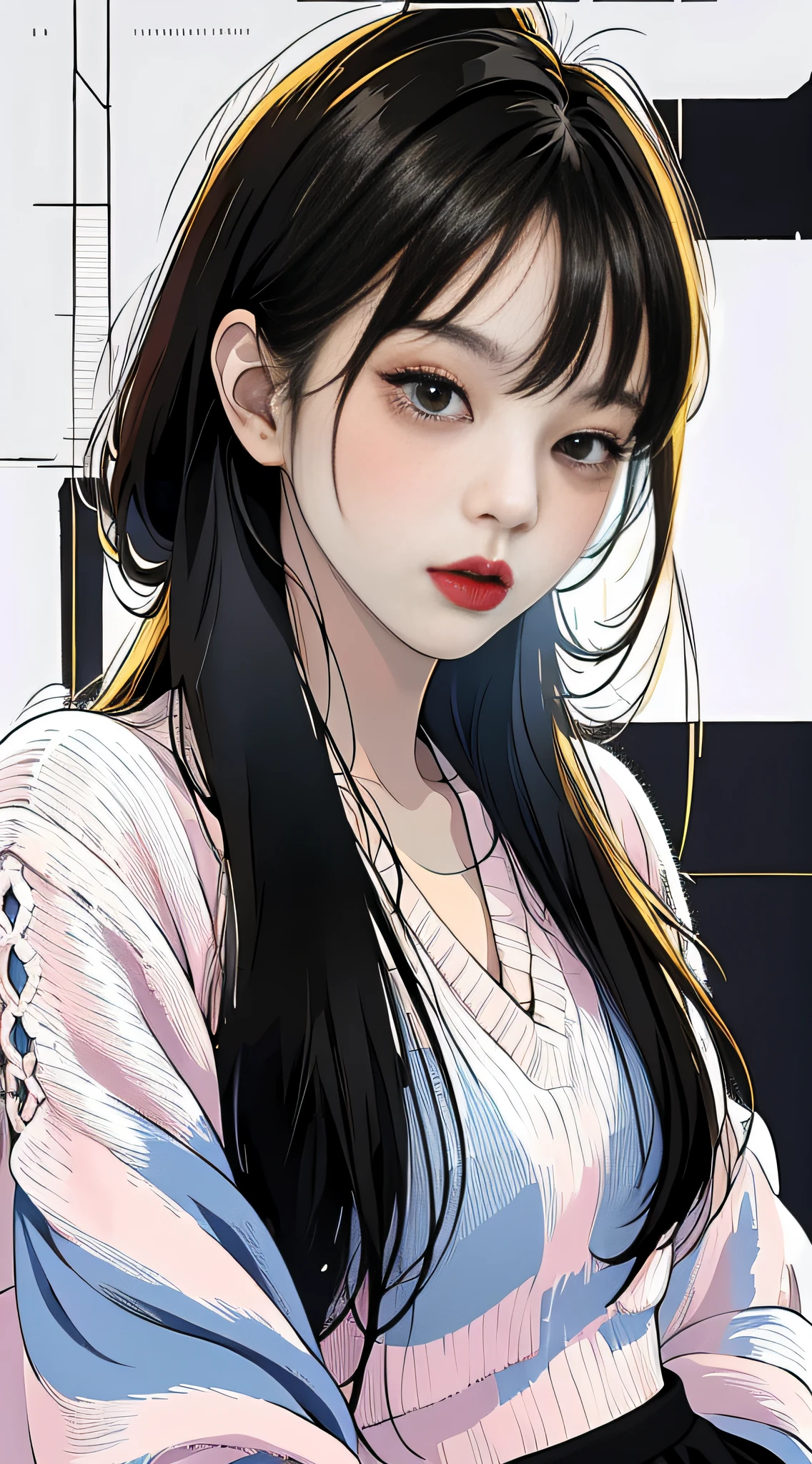 MASTERPIECE,Best),Light effect,superclear, the high,-definition picture, (front face) solo,_Kim Ji-ni Jennie face,Black ball head,Wear a torn colored sweater,Knitted shorts,front face,ID photo,upper Body,whitebackground
