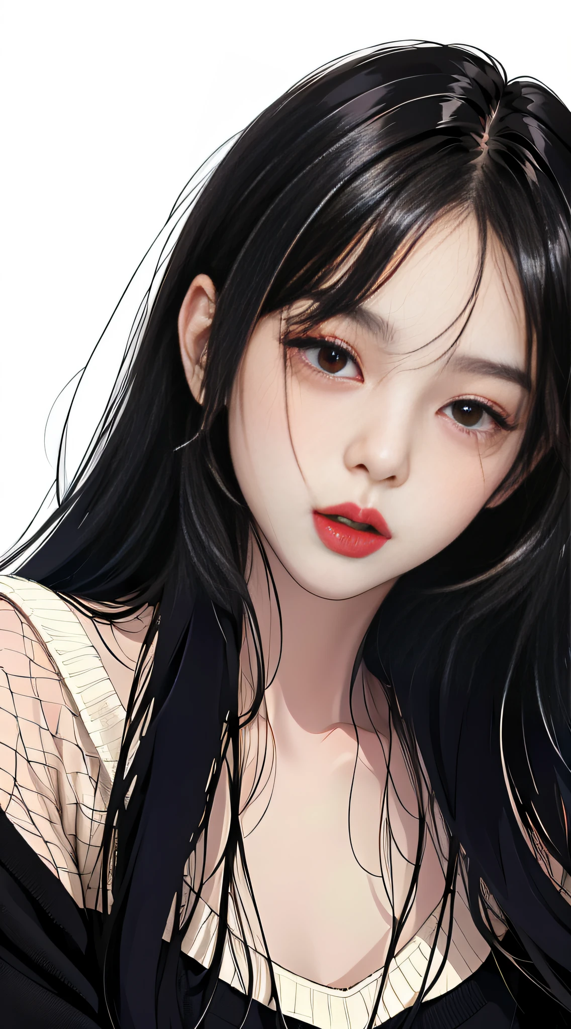MASTERPIECE,Best),Light effect,superclear, the high,-definition picture, (front face) solo,_Kim Ji-ni Jennie face,Black ball head,Wear a torn colored sweater,Knitted shorts,front face,ID photo,upper Body,whitebackground