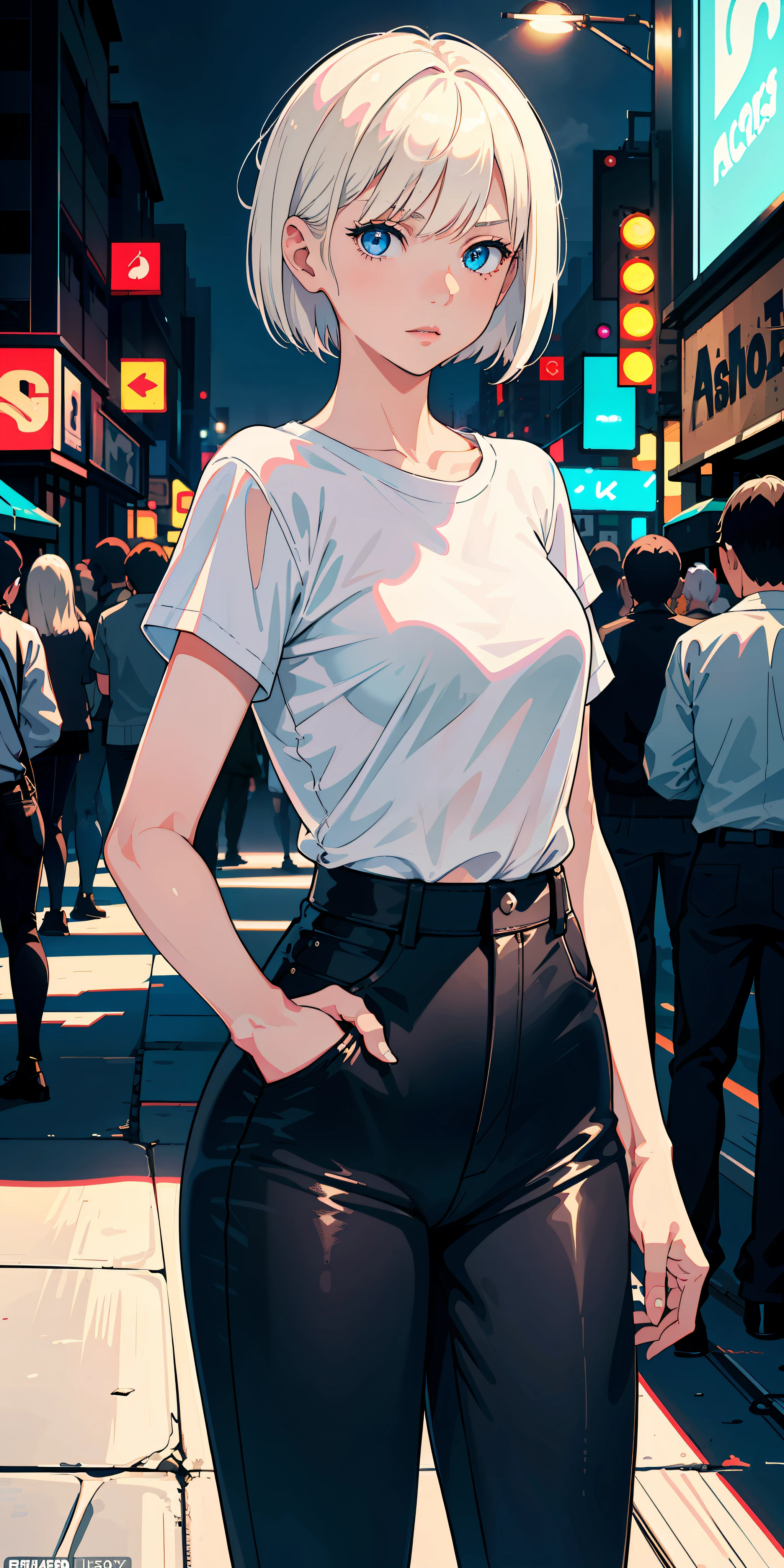 masterpiece, best quality, nsfw, official art, (beautiful and aesthetic:1.2), (1girl:1.3), platinum blonde hair, short hair, blue eyes, bangs, small perky breasts, on the street, night, neon light, white t-shirt, braless, black pants, poker face, front view, standing, in crowd,