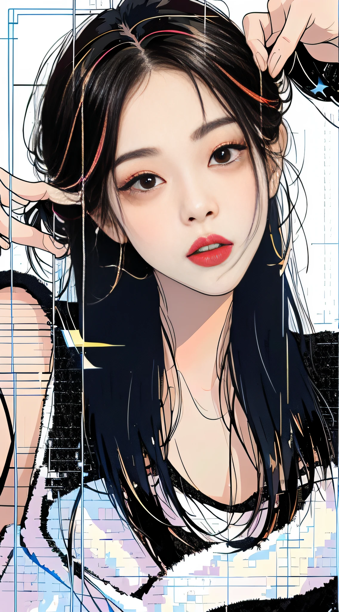 MASTERPIECE,Best),Light effect,superclear, the high,-definition picture, (front face) solo,_Kim Ji-ni Jennie face,Black ball head,Wear a torn colored sweater,Knitted shorts,front face,ID photo,upper Body,whitebackground