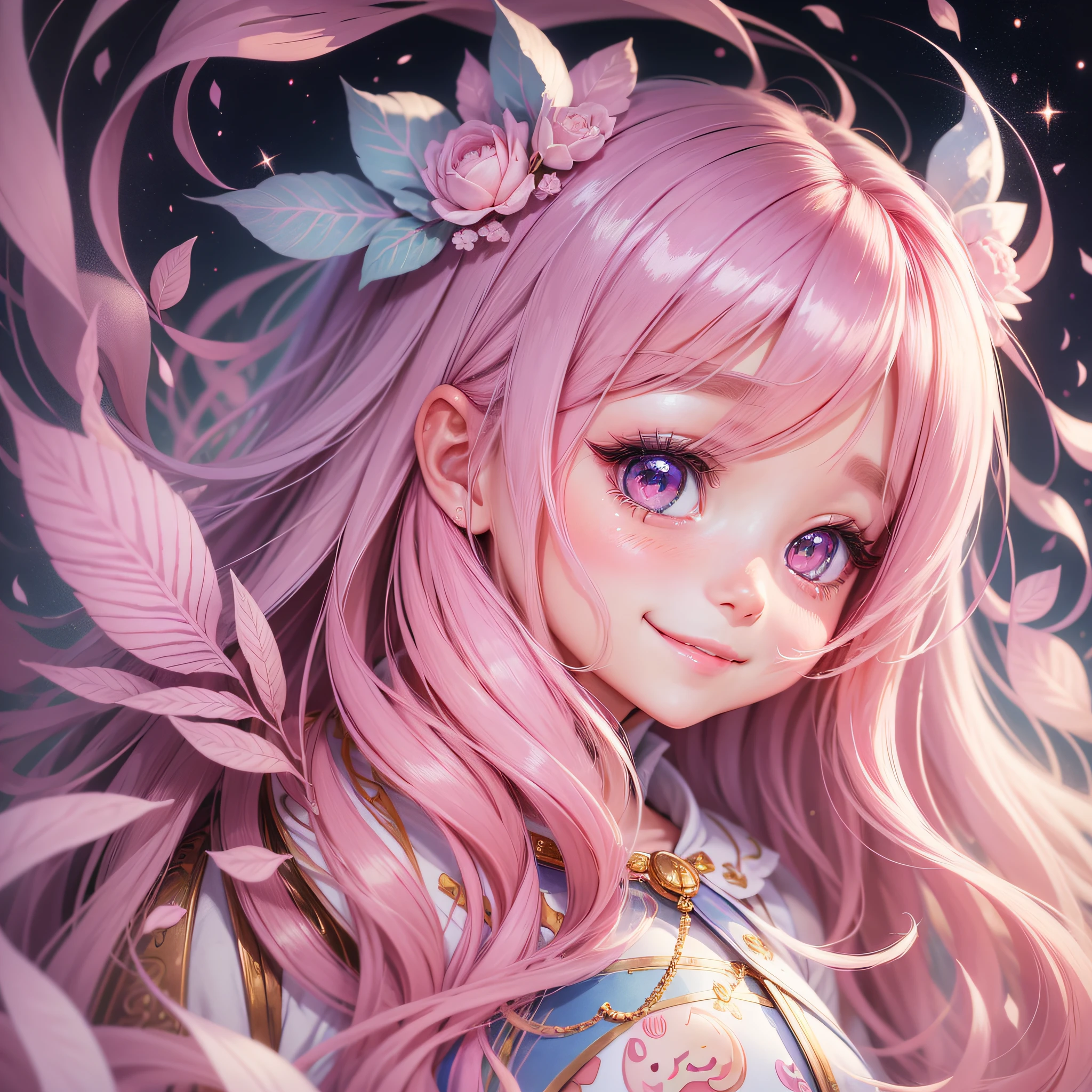 beautiful illustration、bestquality、A masterpie、a 1girl、pink long hair、chibi、icons::5、smiling smile、white background、Blushing、healing、pastel colours、pale、Background white、gentle、、anime,、Glitter eyes --auto --s2