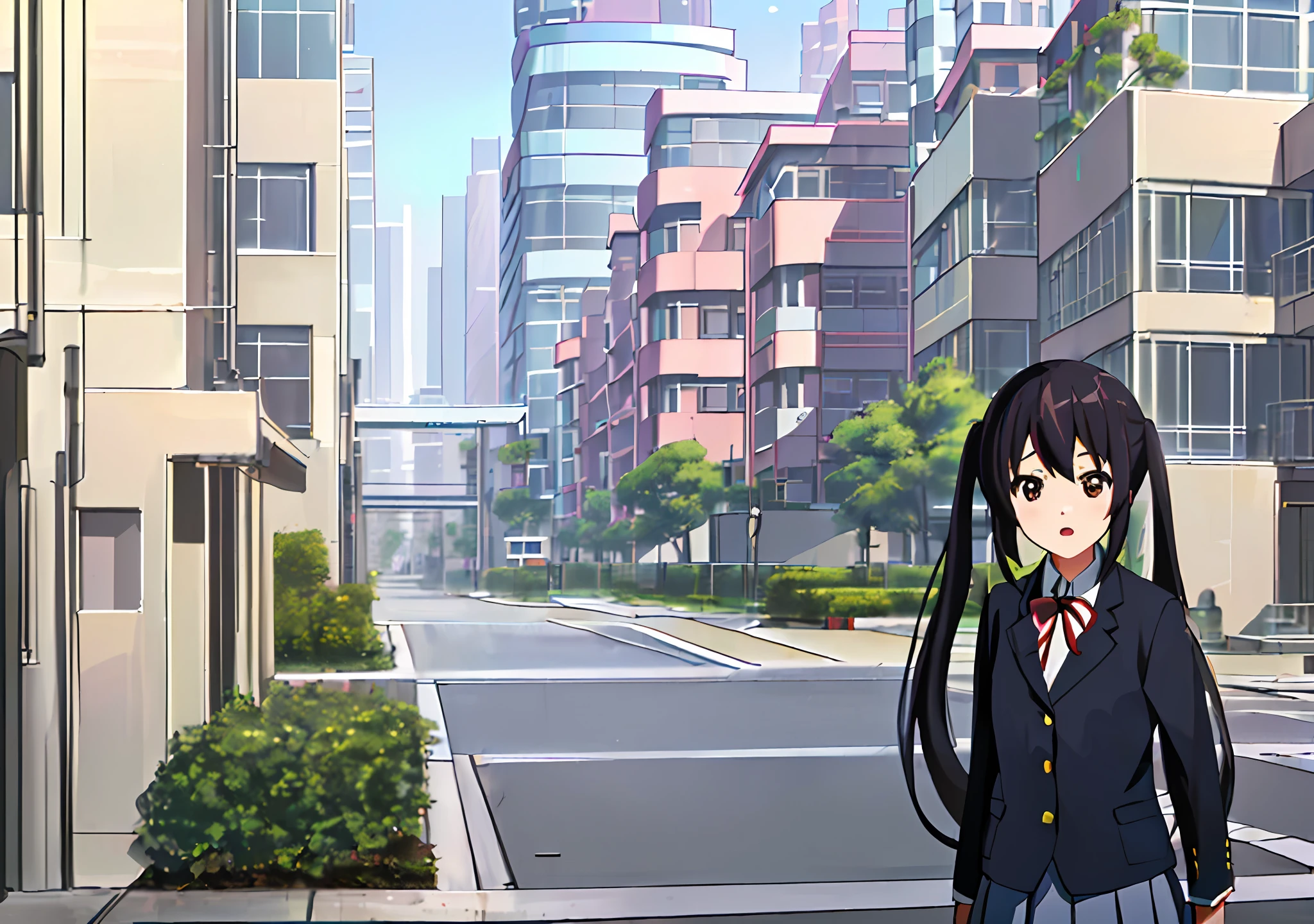 1girl, ((((Masterpiece))), Best Quality, Best Quality, High Detail, Azusa Nakano, 1girl, Sakuragaoka High School Uniform, Musical Instrument, School Uniform, Twin Tails, Long Hair, Black Hair, Brown Eyes, Solo, Red, Dark blue blazer with a thin ribbon of red, Solid white button shirt under blazer, Illustration, Cartoon, Soothing tones, Muted colors, Soft cinematic light, Adobe Lightroom, Photo Lab, HDR, complex and highly detailed, (((depth of field))))). (((Masterpiece))). (((highest quality))).) ((super detail))). (((Illustration))). (((Outside))). (((fighting stance))).,((((Giantization))).dynamic focus.small breasts. (((skyscrapers))). (((Cityscape))). (((Face of sadness))). open mouth.
