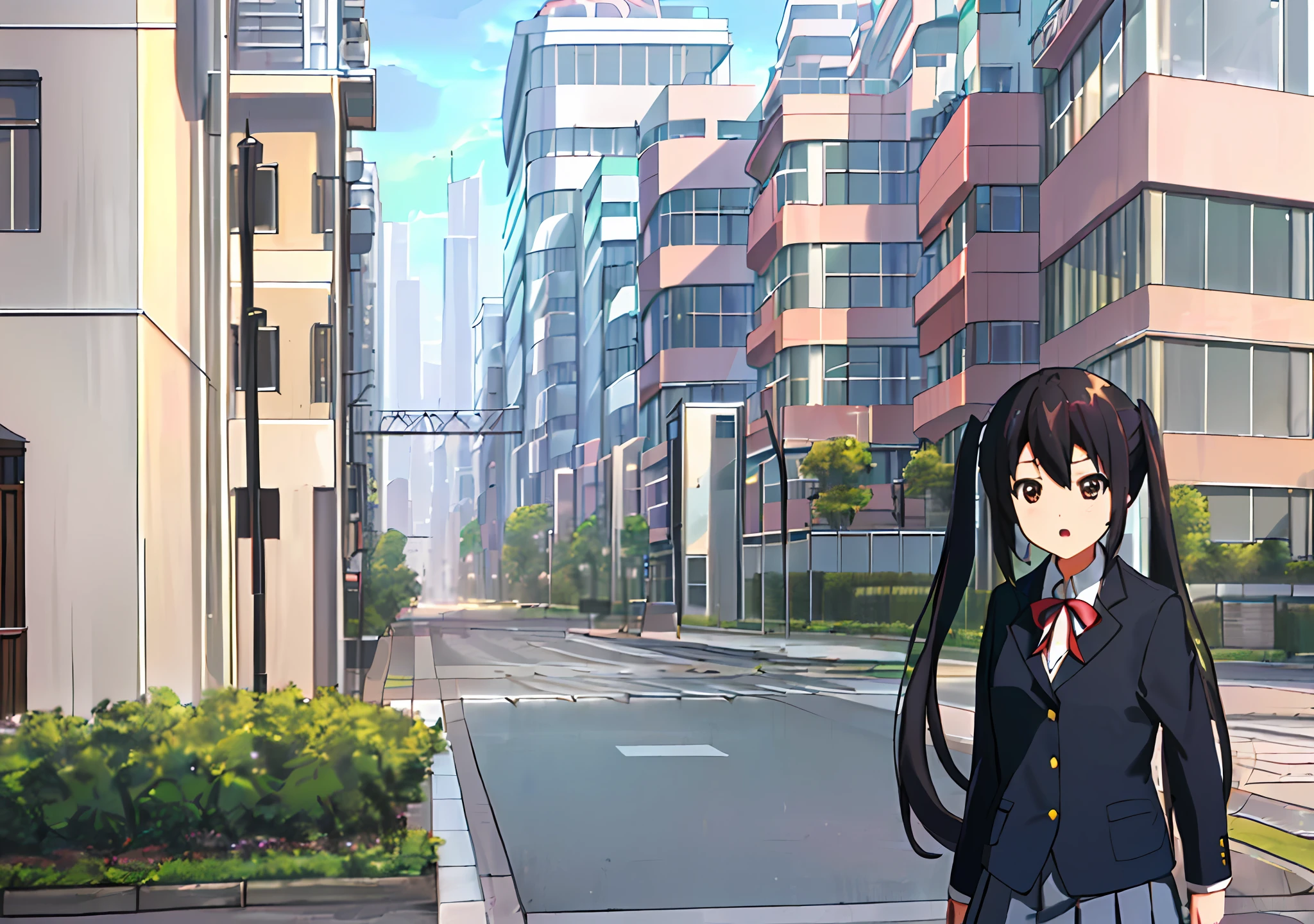 1girl, ((((Masterpiece))), Best Quality, Best Quality, High Detail, Azusa Nakano, 1girl, Sakuragaoka High School Uniform, Musical Instrument, School Uniform, Twin Tails, Long Hair, Black Hair, Brown Eyes, Solo, Red, Dark blue blazer with a thin ribbon of red, Solid white button shirt under blazer, Illustration, Cartoon, Soothing tones, Muted colors, Soft cinematic light, Adobe Lightroom, Photo Lab, HDR, complex and highly detailed, (((depth of field))))). (((Masterpiece))). (((highest quality))).) ((super detail))). (((Illustration))). (((Outside))). (((fighting stance))).,((((Giantization))).dynamic focus.small breasts. (((skyscrapers))). (((Cityscape))). (((Face of sadness))). open mouth.