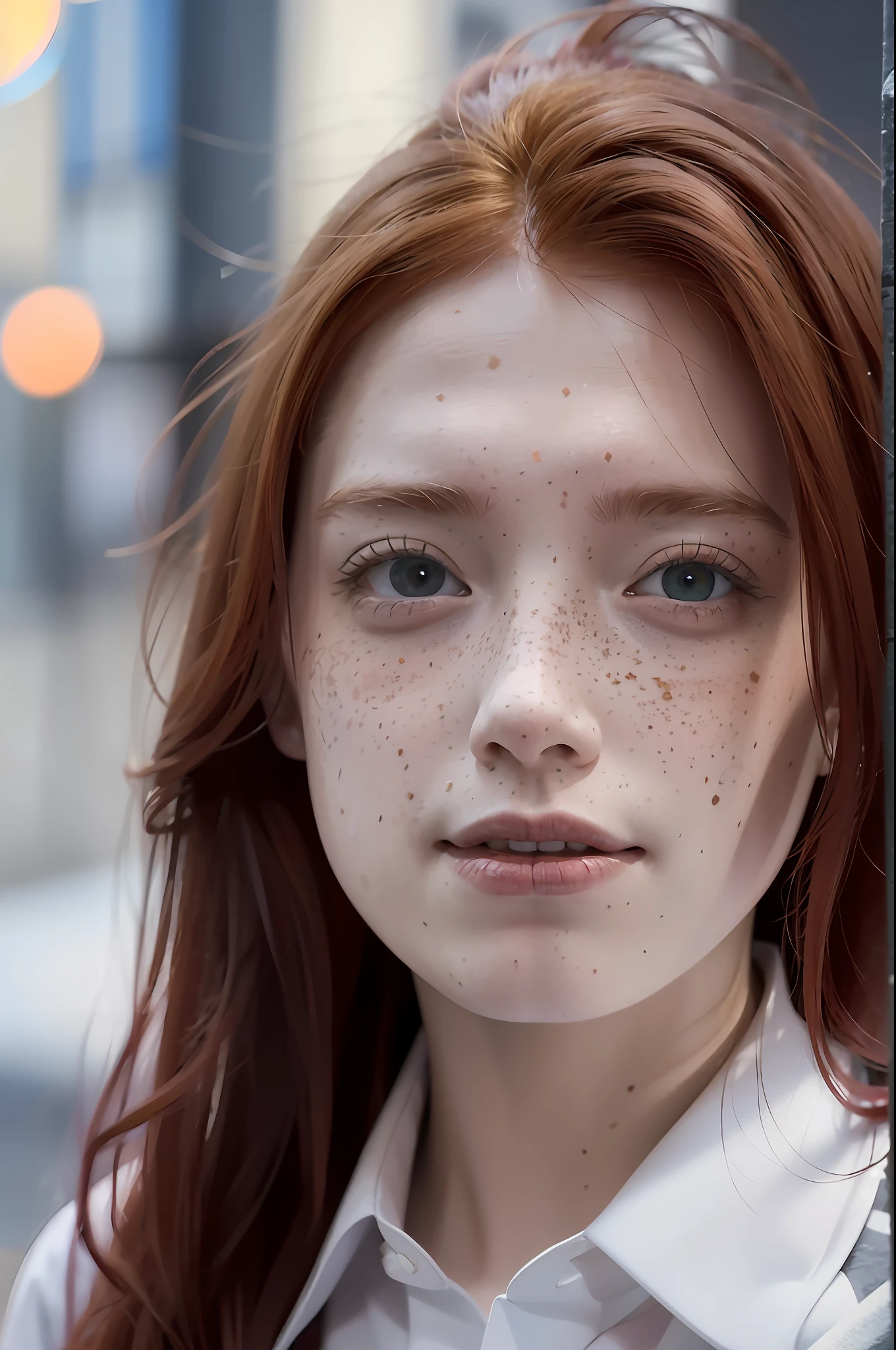 a 17mm ultrawide angle, portrait of a (redhead:1.2), freckles teacher, staying on the street of modern city, : white shirt : 18], slate atmosphere, lightroom, 35mm film, cinematic, dimmed colors, dark shot, muted colors, film grainy, lut, insane details, intricate details, hyperdetailed, closeup, twilight