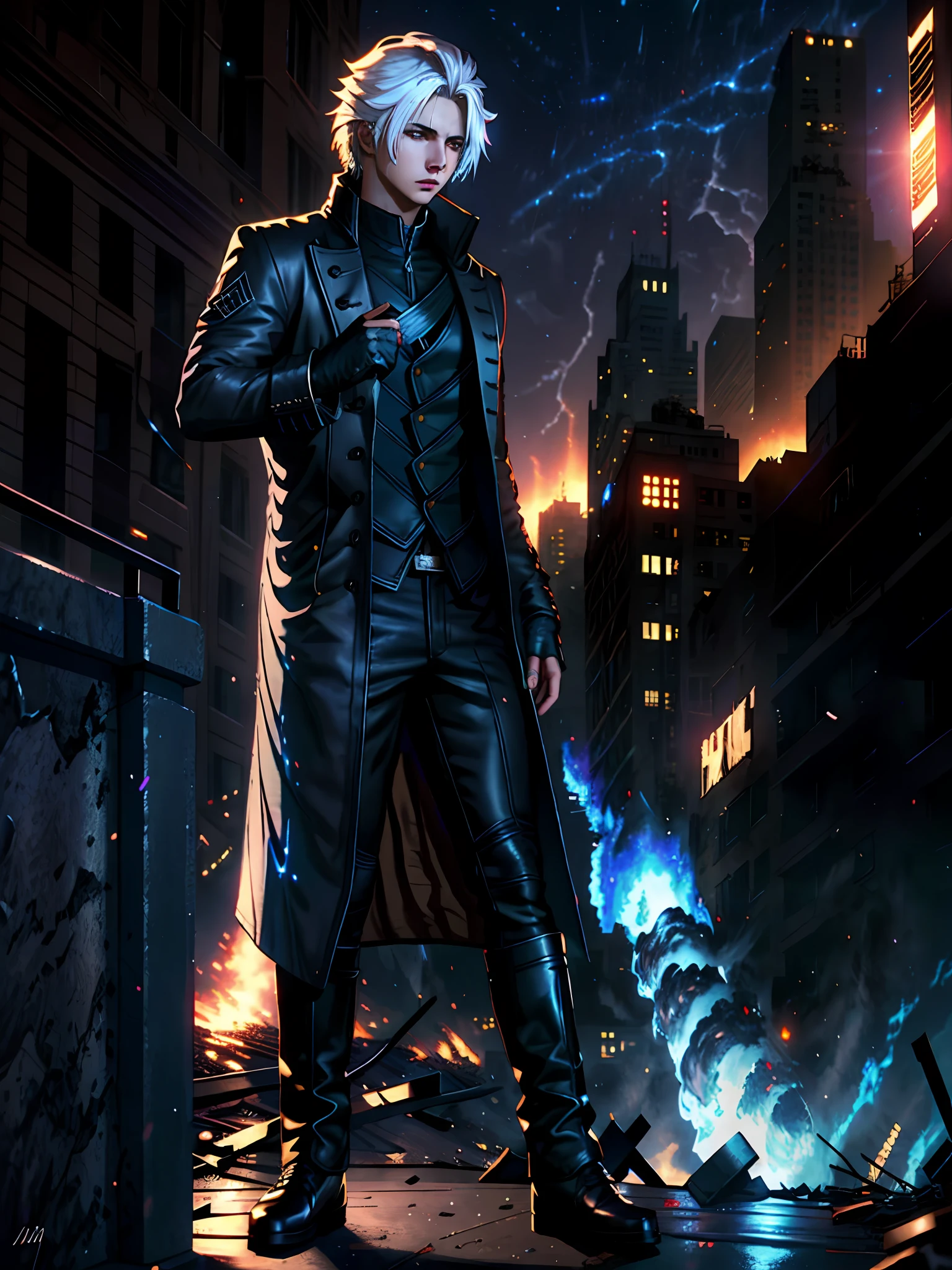 (masterpiece, best quality:1.2), 1boy, dante, white hair, open clothes, coat, fingerless gloves, belt, city, detailed eyes, destroyed buildings, destruction, (night:1.4), natural lighting, cinematic, epic, Battle pose, surrounded by blue fire, wallpaper 4k, highest quality digital art, Stunning art,8k,64k, HD, unparalleled masterpiece, dynamic lighting, cinematic, epic