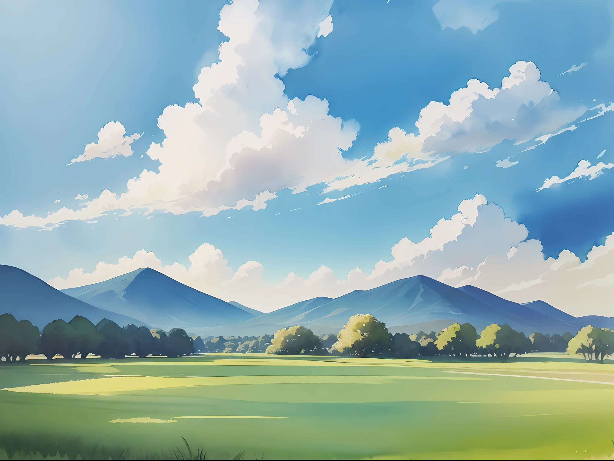 Landscape of clear blue sky and wide lawn, watercolor --auto --s2