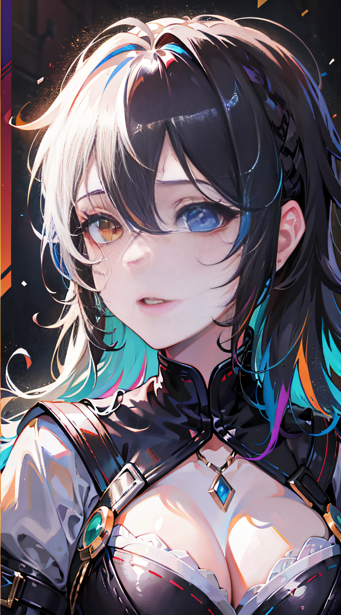 {{masterpiece}}, best quality, extremely detailed CG unity 8k wallpaper, cinematic lighting, lens flare, beautiful detail eyes, black, side glance, multicolor hair, colorful light, particles, heterochromia, (colorful:1.5), (colorful hair:1.5),