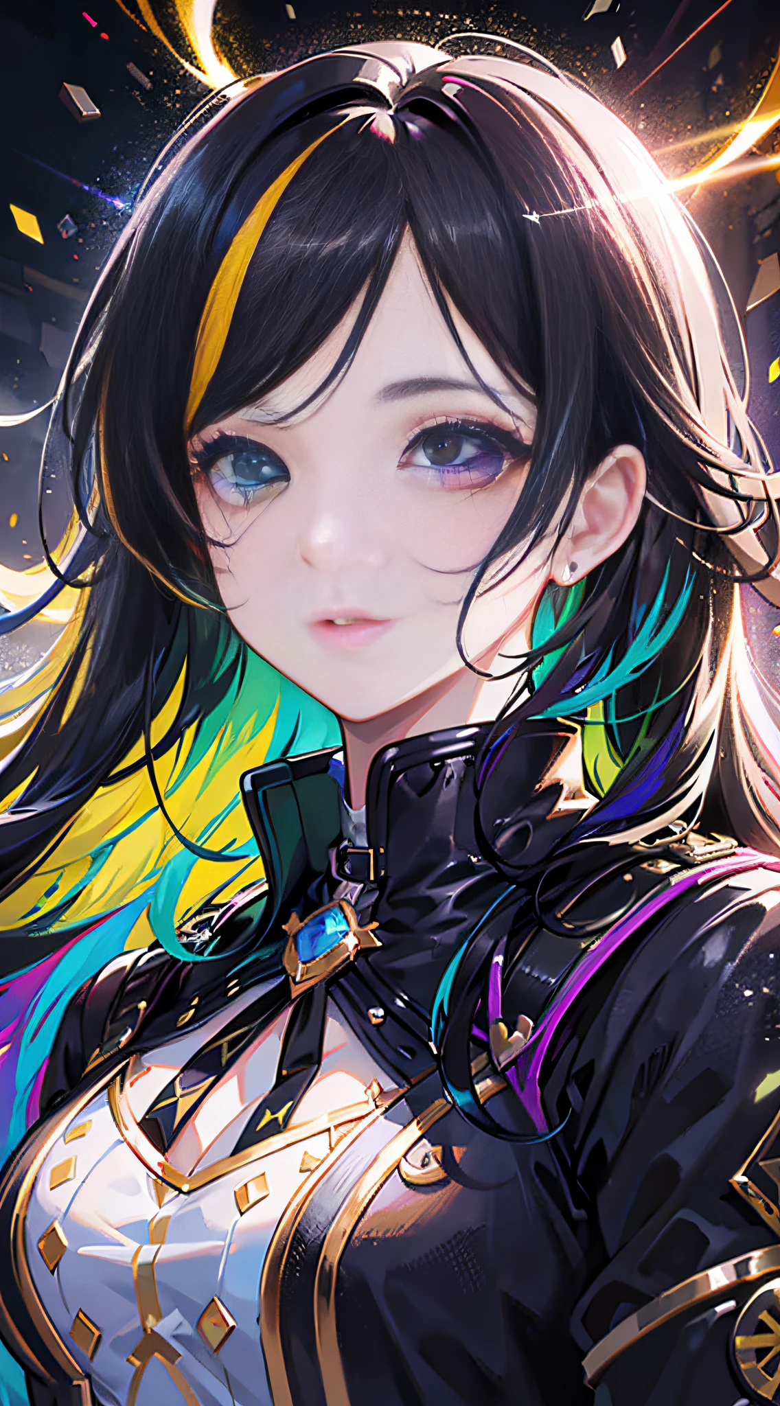 {{masterpiece}}, best quality, extremely detailed CG unity 8k wallpaper, cinematic lighting, lens flare, beautiful detail eyes, black,  side glance,  multicolor hair, colorful light, particles, heterochromia, (colorful:1.5), (colorful hair:1.5),