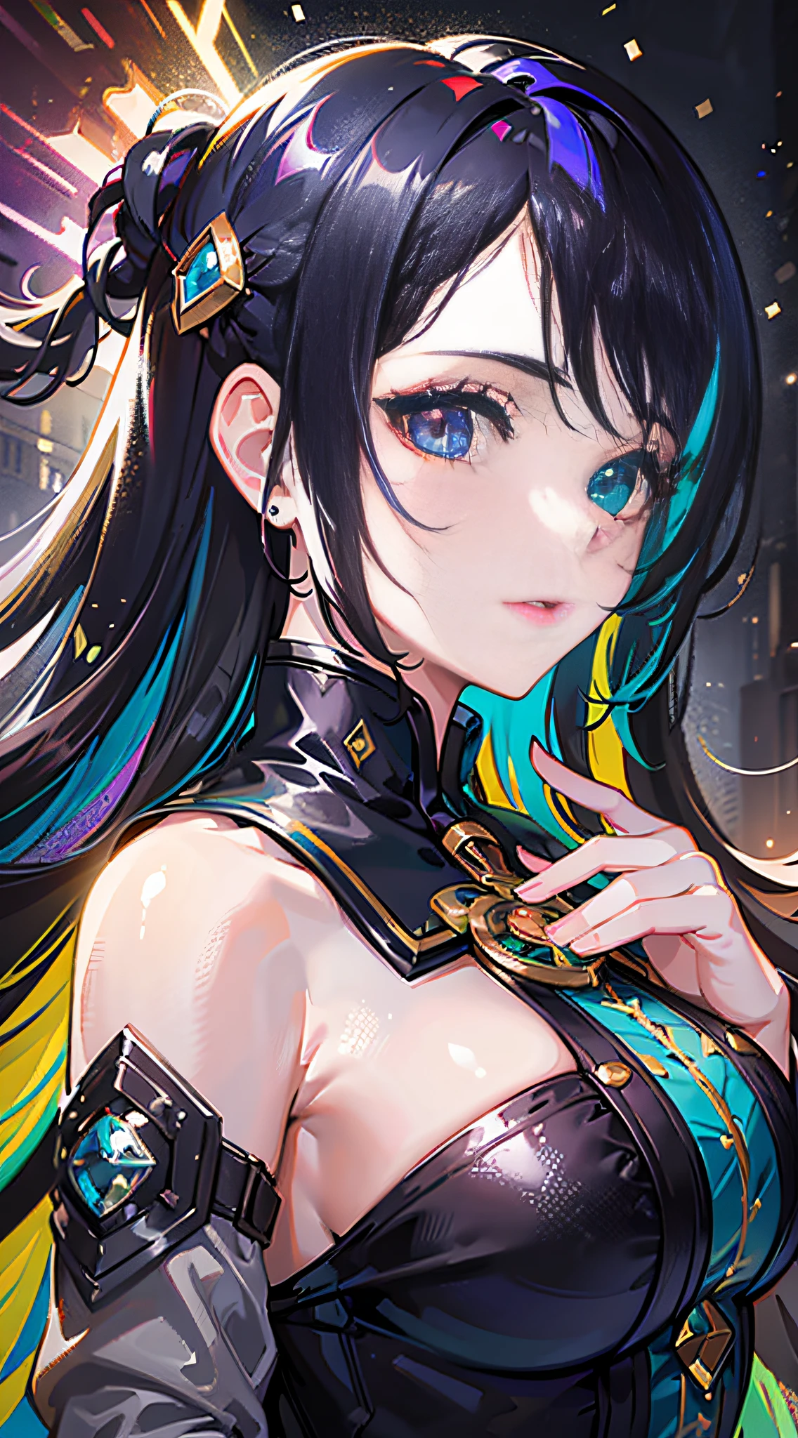 {{masterpiece}}, best quality, extremely detailed CG unity 8k wallpaper, cinematic lighting, lens flare, beautiful detail eyes, black, side glance, multicolor hair, colorful light, particles, heterochromia, (colorful:1.5), (colorful hair:1.5),