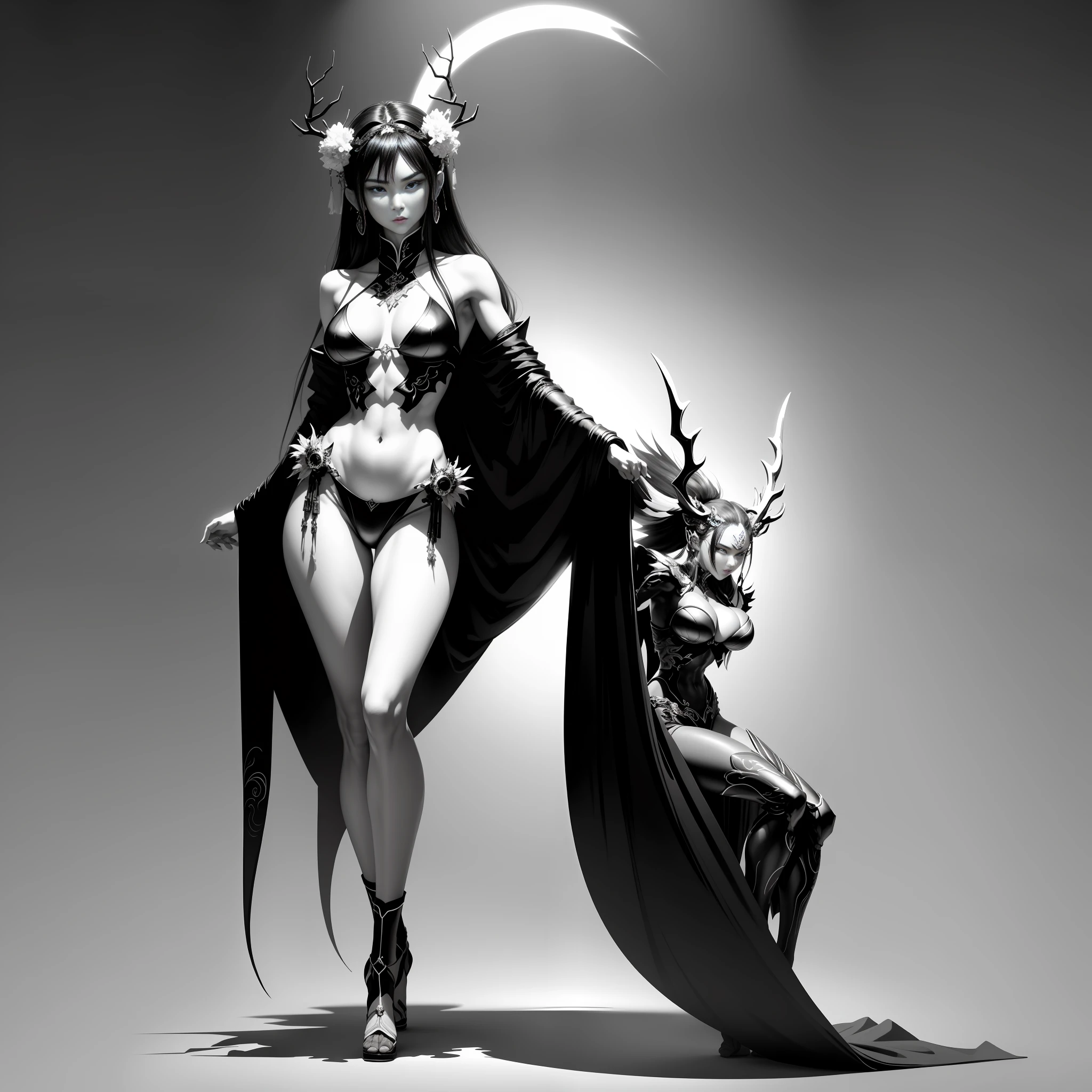 MASTERPIECE,8kwallpaper,Great master black and white anime artwork,Black and white art,Pen line art,Sexy tribal mature woman in sexy costume on magnificent wild world land,There are antlers on the head,Full body dimensions,ywllow bikini,Mature body,Slender figure and legs,Perfect body shape,Exquisite facial details,Beautiful figure painting,Exquisite fanart with high detail,Full-body standing,full body xianxia,G. Larion's artistic style,inspired by Lan Ying,by Yang J,She walked towards the audience,inspired by Du Qiong,Inspired by Qu Leilei,Inspired by Wuzhun Shifan,The ultimate in dark art,Perfect model height,Fierce expression,Soft professional cinema lighting,Light and shadow follow,Perfect contour light