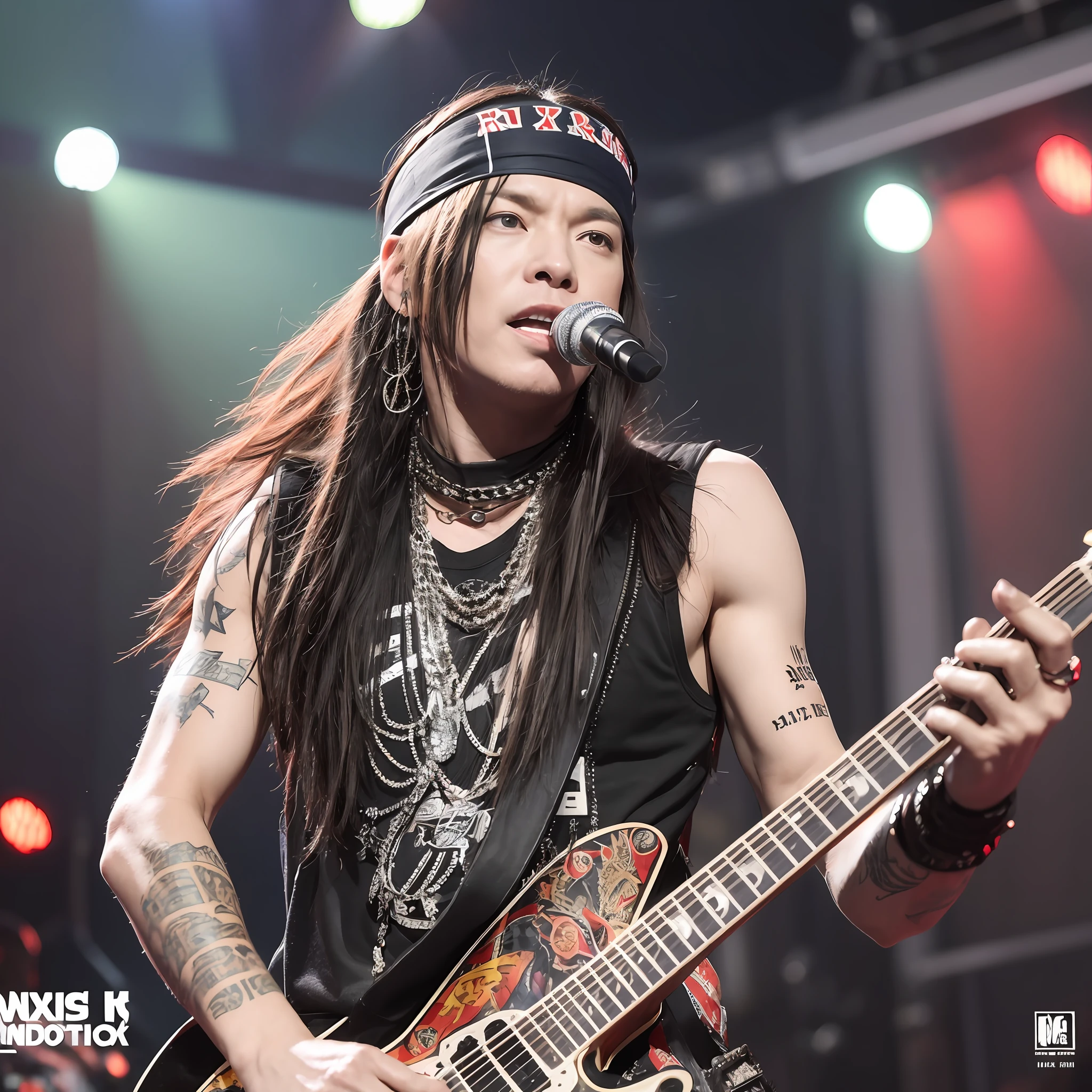 axl rose, rockstar, guns n' roses, rock n' roll, concert, segurando microfone, bandana preta na testa, rock band, 8k detalhado --auto --s2
