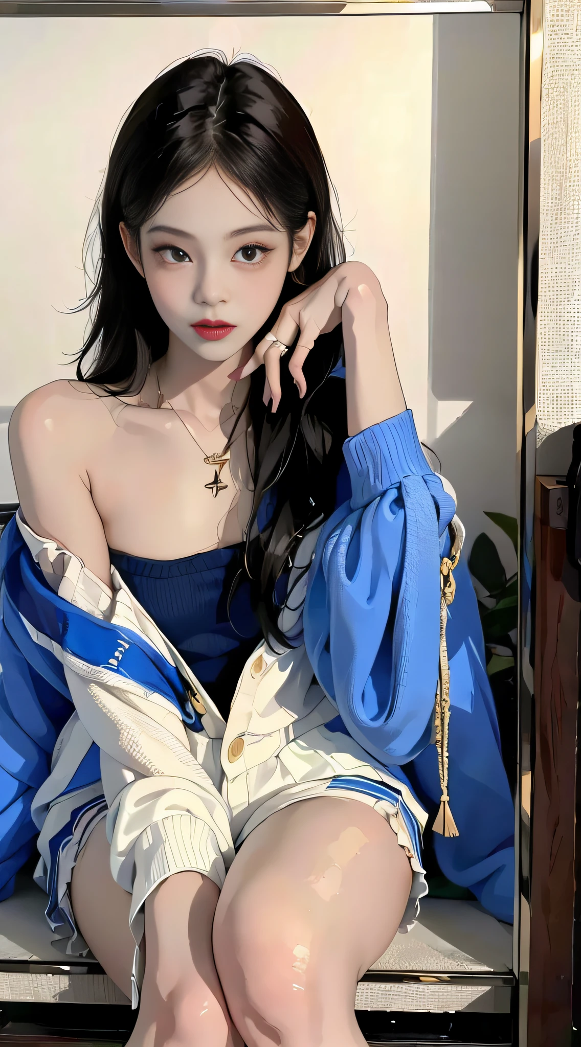 (1girl:1.3), Solo, _ Kim Ji-ni Jennie Face, wearing royal blue armband sweater, cropped style, white bandeau underneath, blue shorts, sexy, cute, white socks, background campus, full body photo, looking at the audience, world-weary face, indifferent eyes, Korean style photo photo, photographic lighting, strong contrast, sunlight on the face, world-weary face, high-end sense, 8k resolution image, intricate symmetrical details. Smooth action, full picture.