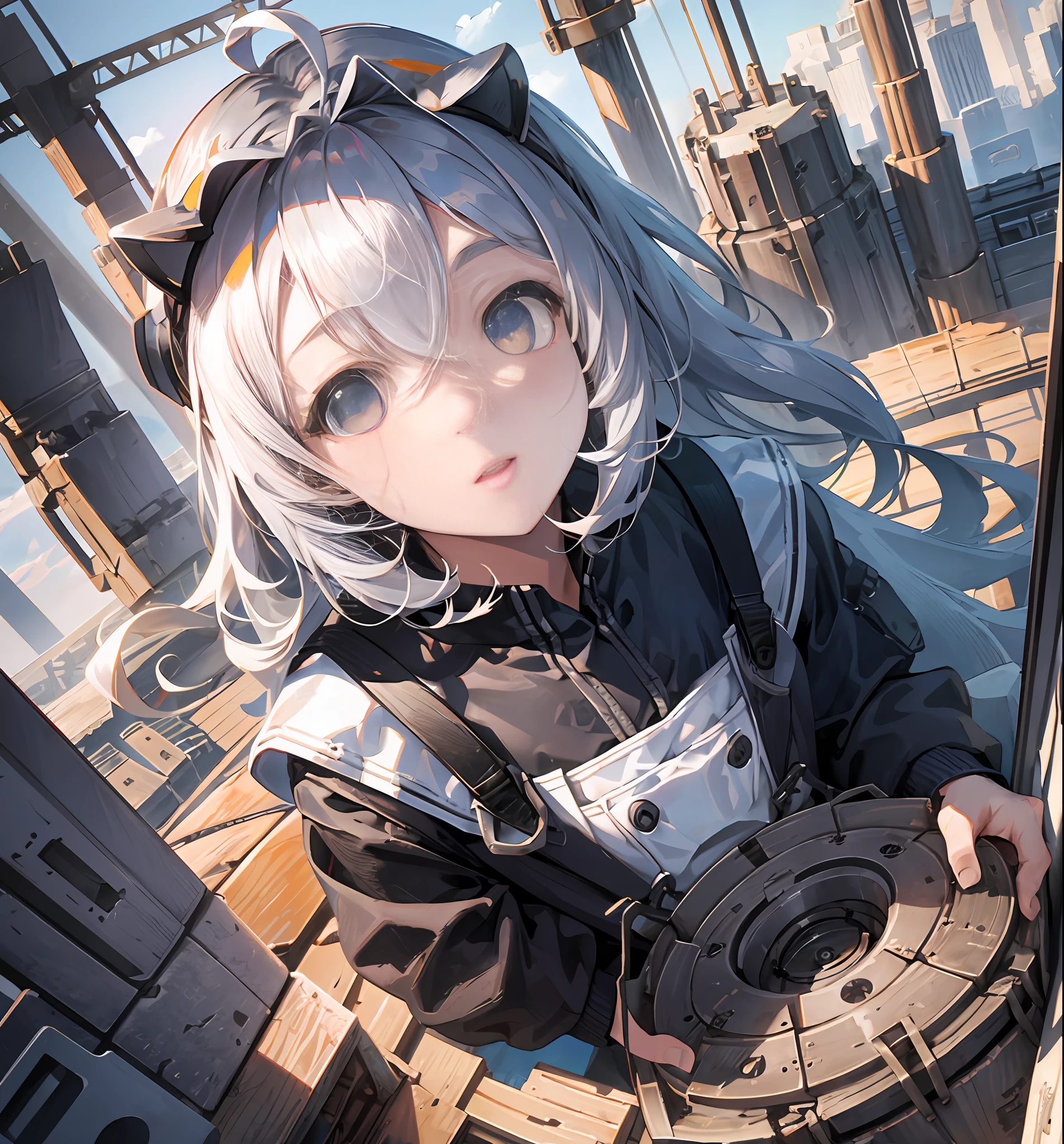 (((Bucket Wheel Excavator)))),A masterpie、bestquality、Highly detailed、Unity 8k wallpapers、Big empty、girl 1 person、heavy machinery、Gradient hair、hair between the eyes、Ahoge、age: 16、pretty face、White Niso、