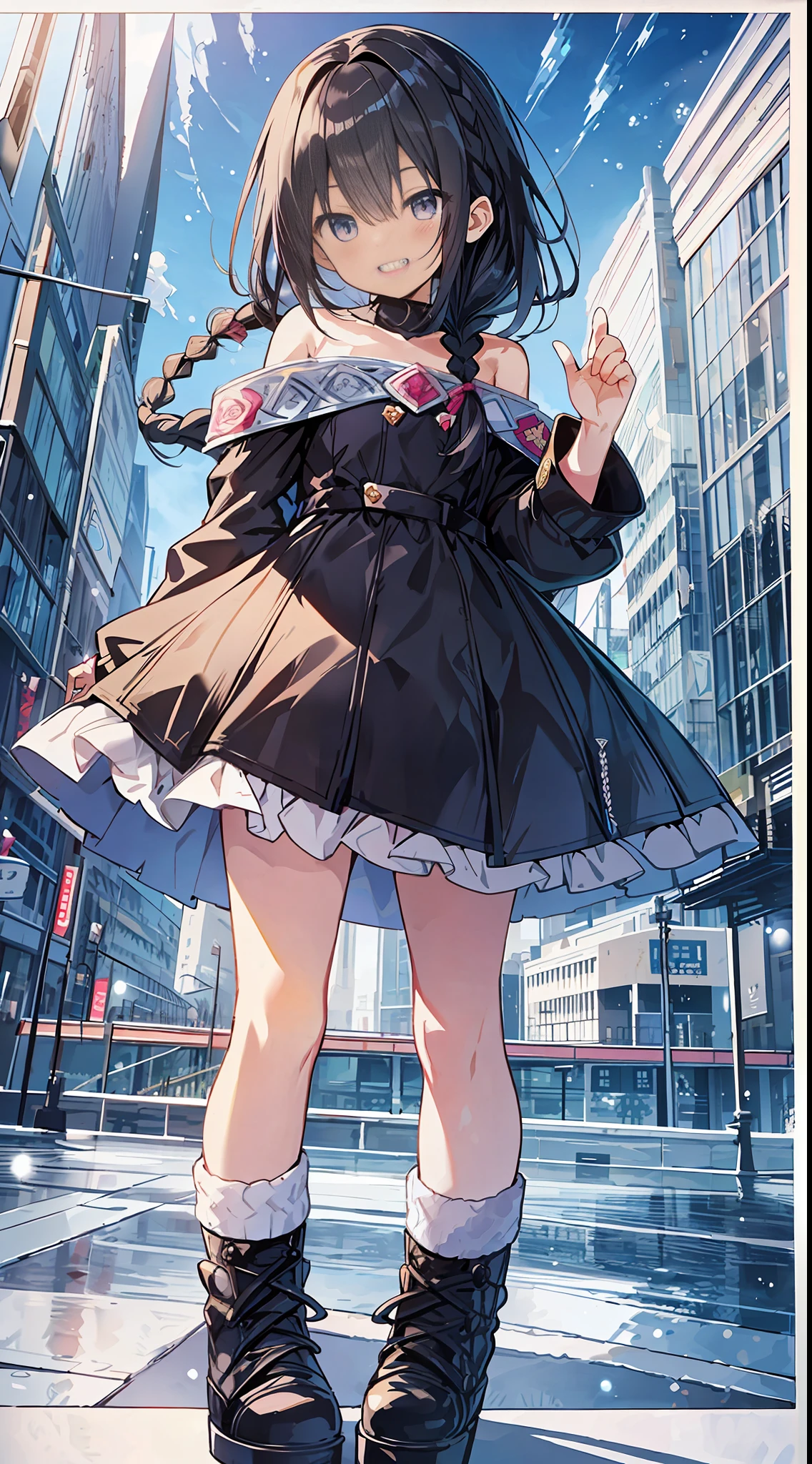 Best Quality, Best Masterpiece, Ultra High Definition, 8k, ((Winter Clothes)), Shojo Manga Style , Single, Soft Line Art, Digital Enhancement, Shojo Manga Touch, Shojo Manga Core, Flowing Fabric, Close Up, ((Hair length to shoulder and short braid)), staring at us from the front, soft drawing, Beautiful black hair, Clear eyes, grin, teeth, wide mouth, ultra-detailed digital anime art, clear face depiction, ultra-detailed shoujo manga character art, ultra-detailed manga style, top quality colors, hand gestures, foot-up angles, scenery with nature