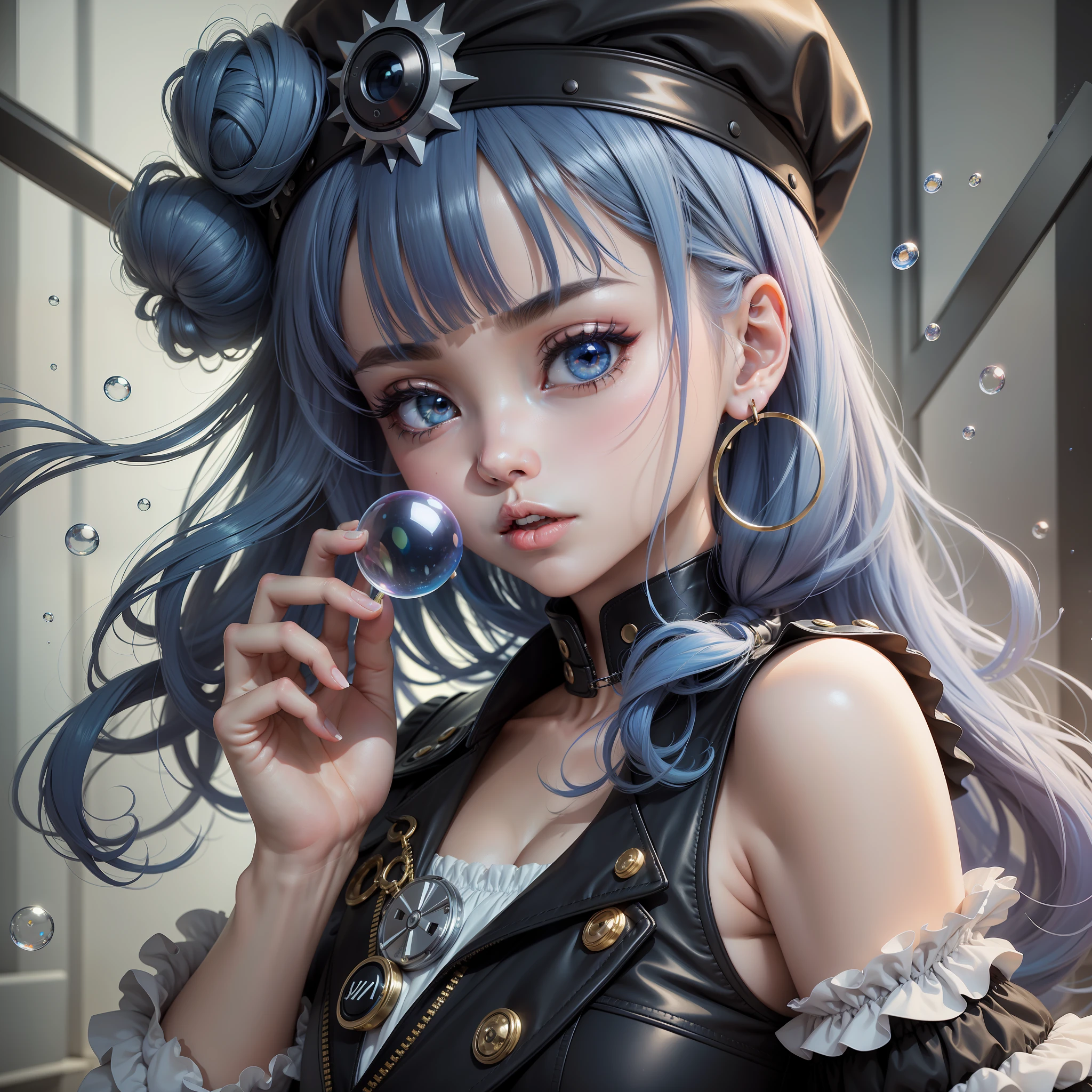 a cute, Q version, big eye, The girl, Hold your face in your hands, Wearing a bubble dress, heeled shoe, dark blue hair, curtained hair, beret, multicolored eyes, hoop earrings, tsundere, blind box toy style, cinematic Lighting, drop shadow, anaglyph, projected inset, first-person view, Canon, Ultra High definition