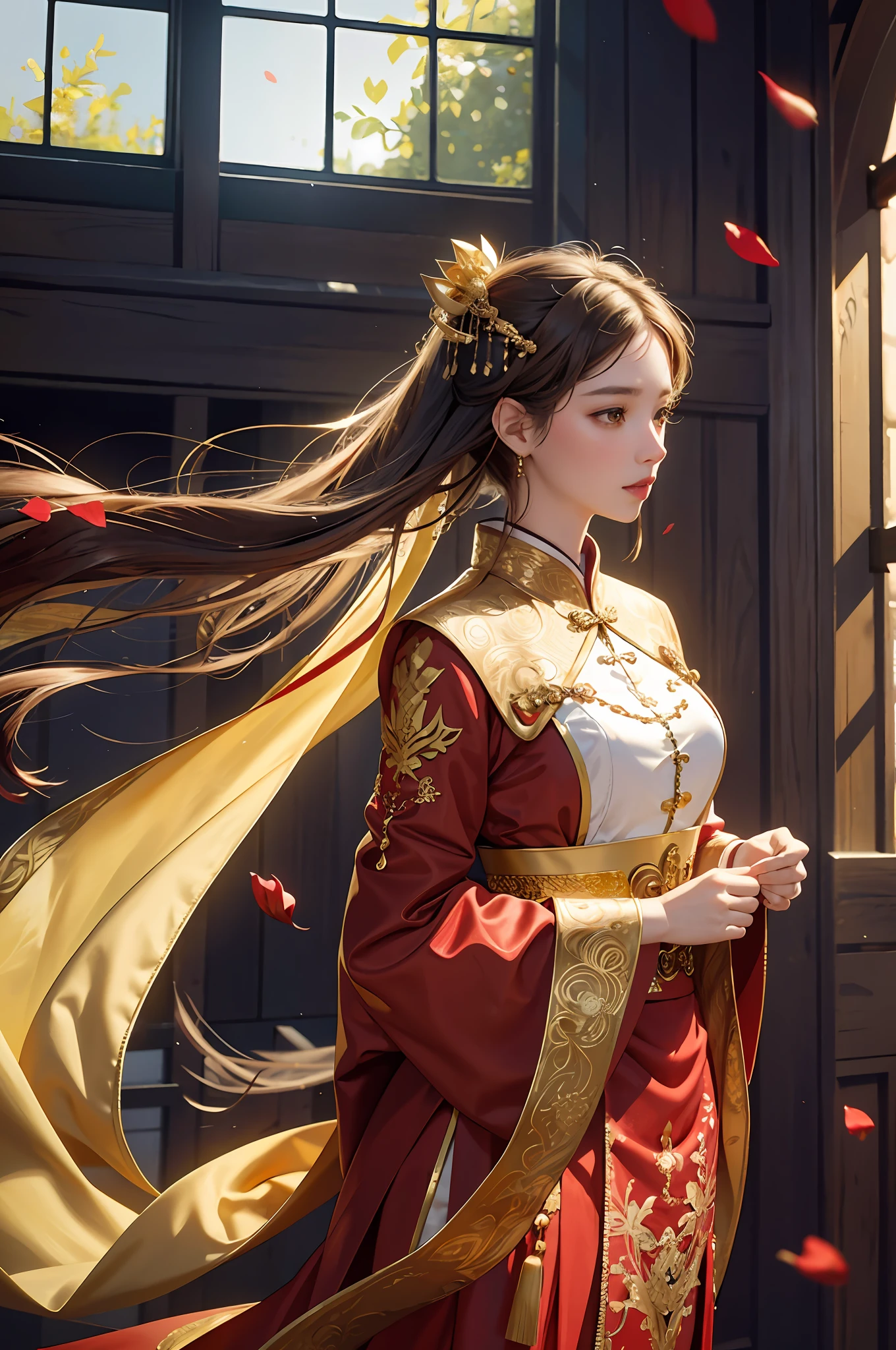 best quality, masterpiece, highres, (exquisite body:1.5),gorgeous face,(milky skin:1.3),intricate details,high resolution,wallpaper,
1girl, solo, dress, hair ornament, (((gold and red dress))), flowers, long hair, brown hair, closed mouth, jewelry, long sleeves, hand up, wide sleeves, big eyes,floating hair, chinese clothes, hanfu, embroidery, long skirt, natural pose, falling petals, indoor,fanning, lantern,
16K,HDR,highres,depth field,(film grain:1.1),boken,golden hour,(lens flare),vignette,rainbowing,(color grading:1.5)
