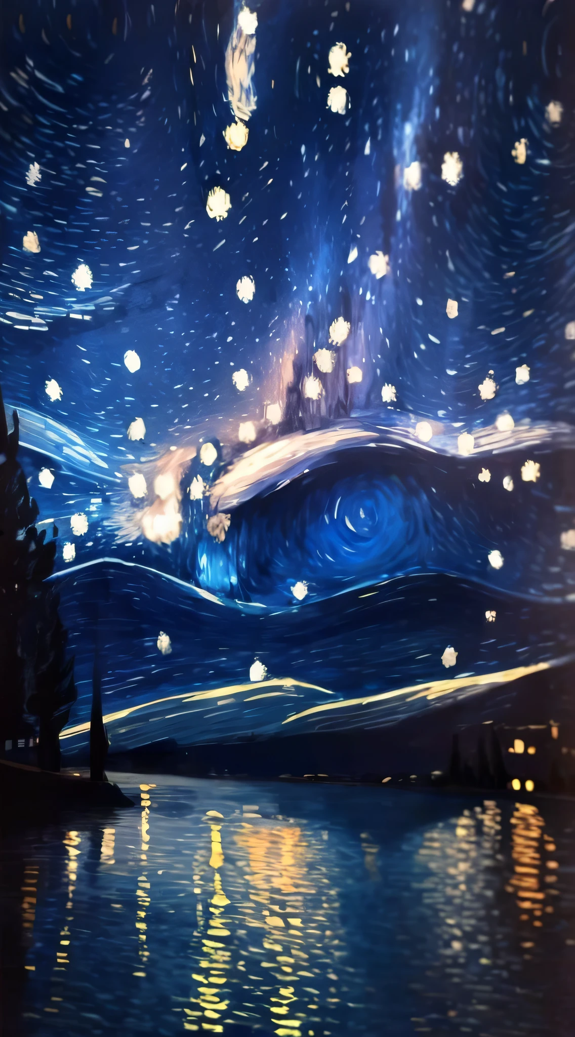 Starry Sky with Mountains and Lake, Jessica Rossier, Inspired by Jessica Rossier, Jessica Rossier Fantasy Art, Concept Art Magic Highlights, Official Artwork, Dream Painting, Ethereal Realm, Atmospheric artwork, dreamy matte paintings, serene endless stars inspired by Ted Nasmith, moonlit starry environments, epic music album covers.