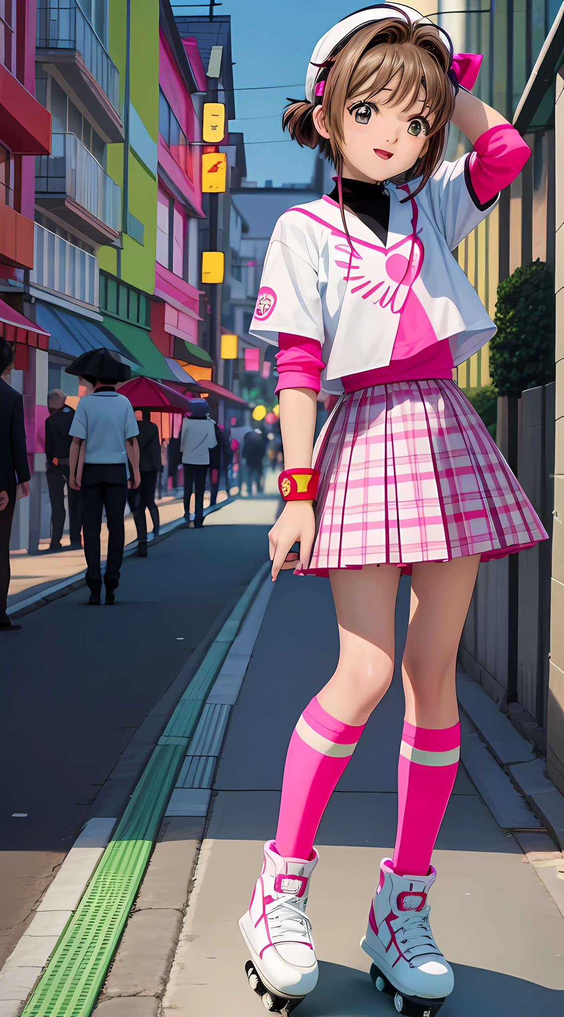 "obra prima, alta qualidade, Kinomoto Sakura, dia ensolarado, nuvens, happy expression, olhos verdes, patins rosas, roupa de escola japonesa preta, skating with his shock pink skates on the street of Japan, with smooth animation effects and blurry background."