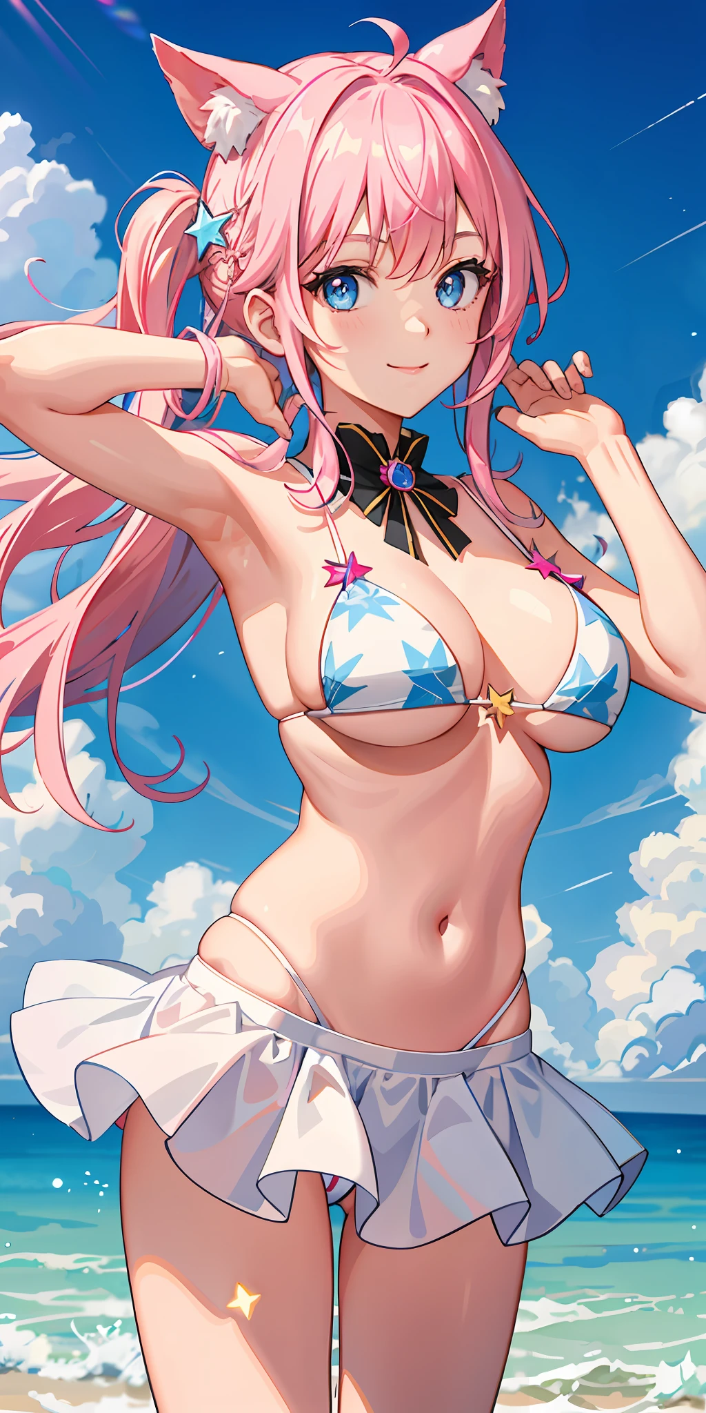 a 1girl、Bright、pink hair、Star motif、multicoloured hair、Blue eyes、Sareme、Mask on the head、Sidelight、Particles of light、wallpapers、Big Boobs、voluptuous Idol、bswimsuit、Loose fluffy、quiet、smiling smile