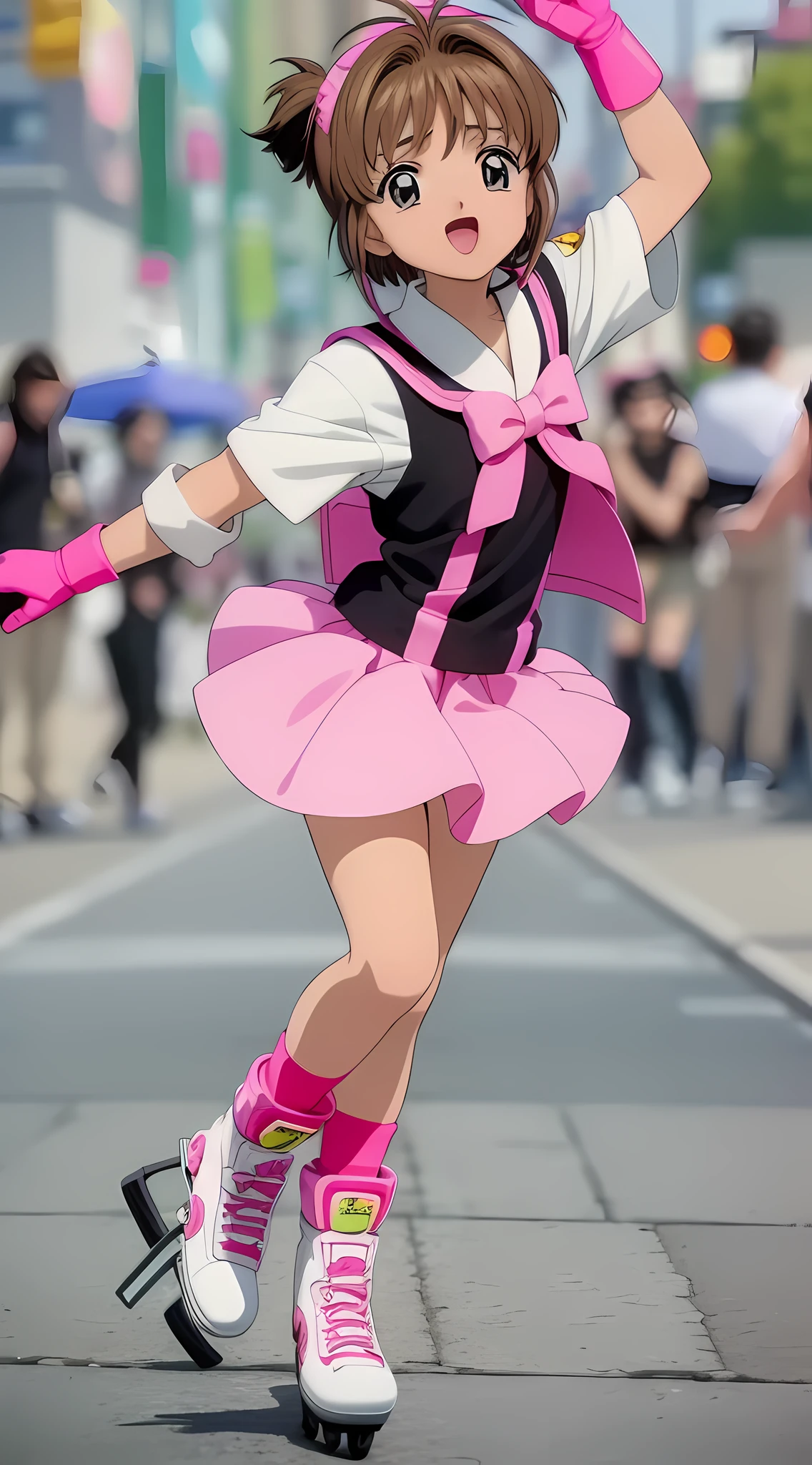 "obra prima, alta qualidade, Kinomoto Sakura, dia ensolarado, nuvens, happy expression, olhos verdes, patins rosas, roupa de escola japonesa preta, skating with his shock pink skates on the street of Japan, with smooth animation effects and blurry background."