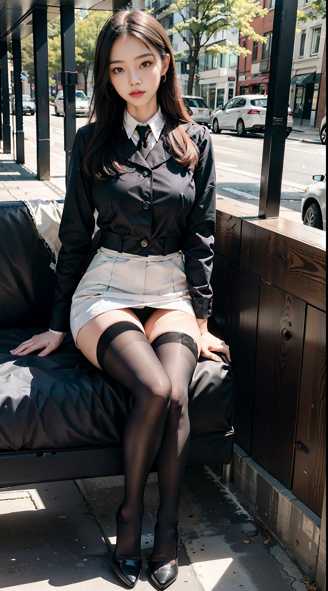 Bestquality, full body portrait,Refined face,Pretty Face,25 years old woman,Slim Figure,big bust,OL Uniform,Office wear,piece black stockings,Outdoor Scene,Seated position
