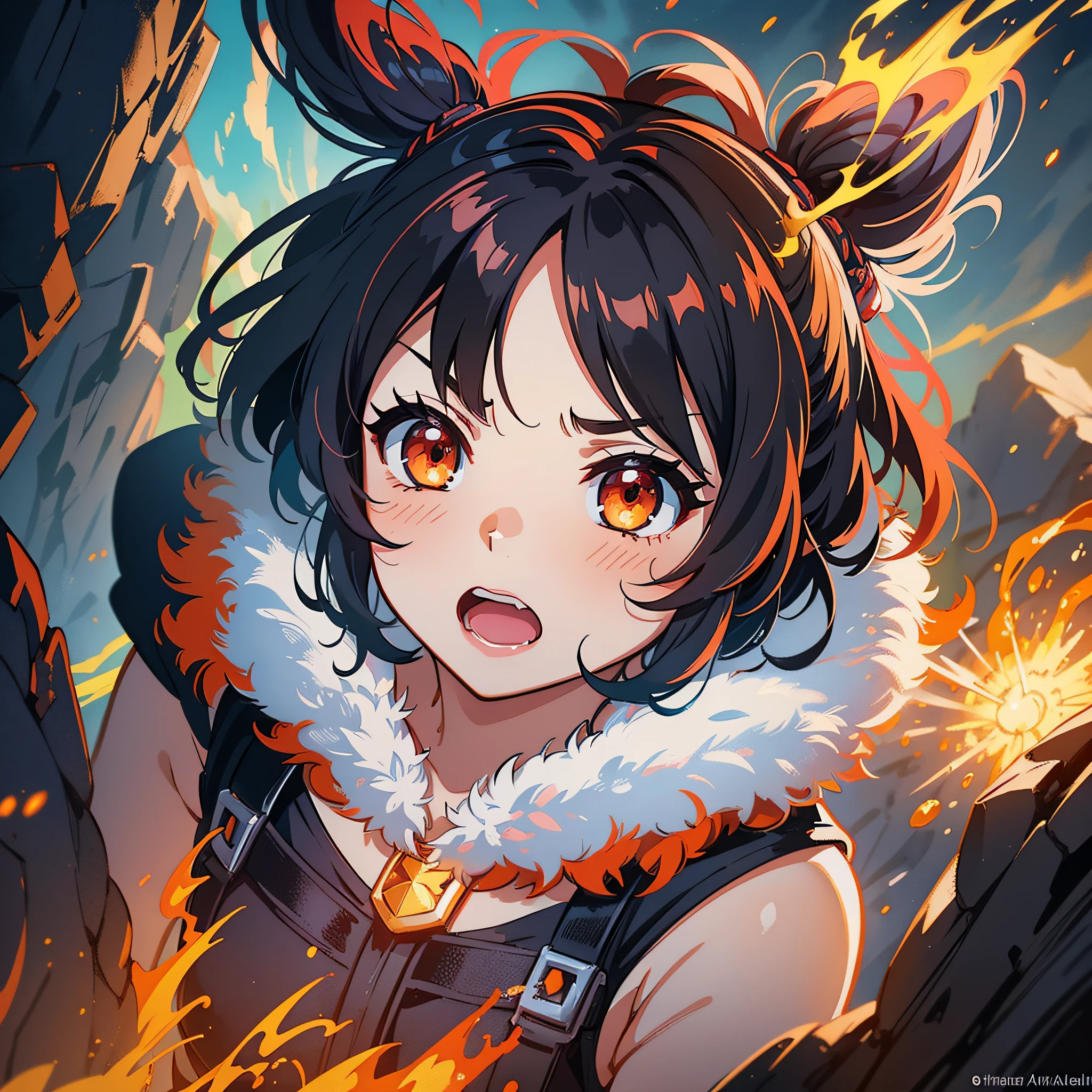 Angry fire elemental girl, cute expression, oil painting, chibi octane render, closeup, perfect composition, rim lighting, in the style of ghibli, pokemon, Sylvain sarrailh, volumetric light rays, depth of field, sharp, very high detail, 16k