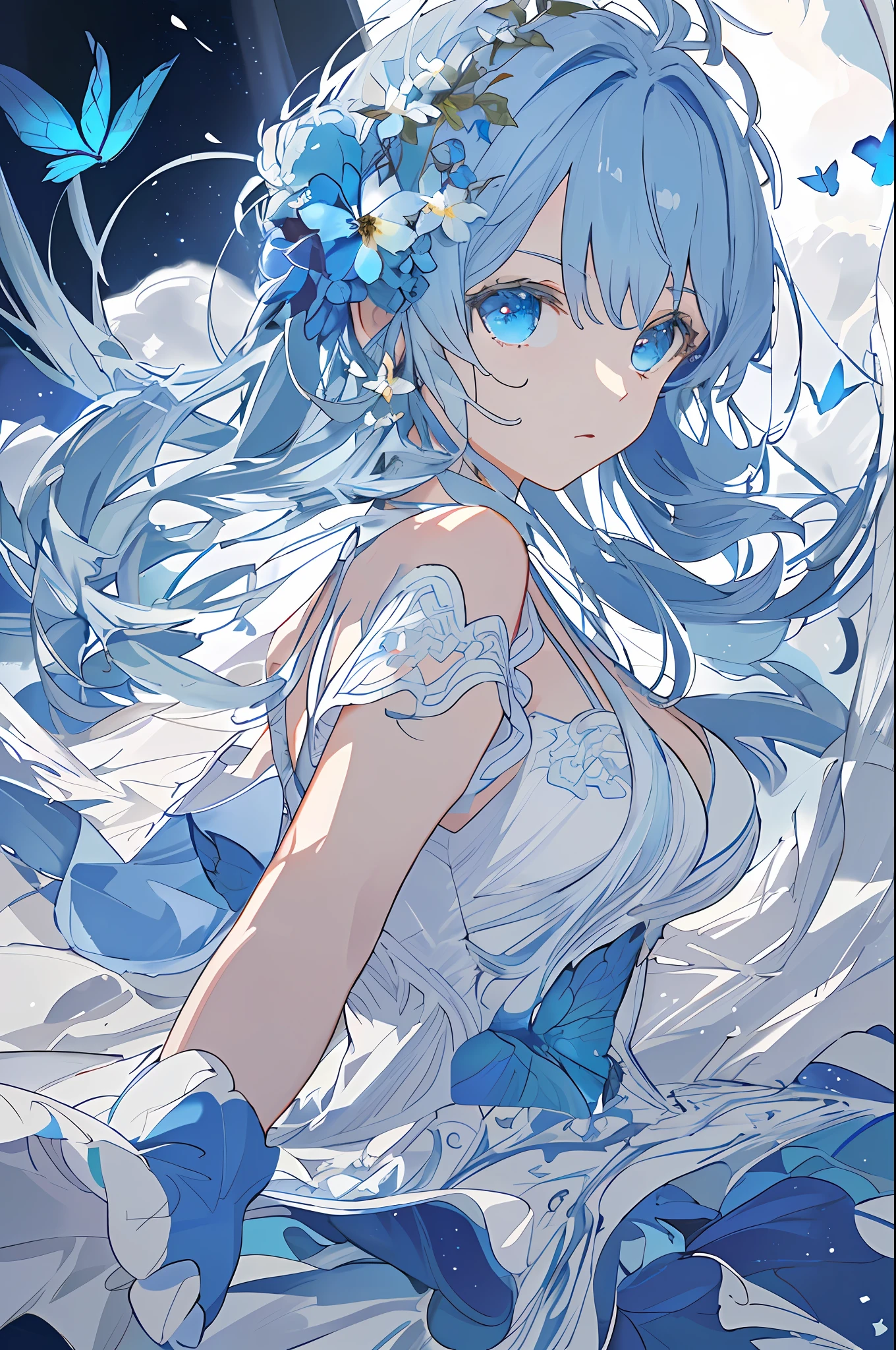 The art of cornflower, dreamy, (best quality, masterpiece, high resolution, cinematic lighting, volumetric lighting, contour deepening, (backlight), silhouette, very detailed 8K wallpaper, 1girl, chiffon dress, very refined and beautiful, beautiful details for the eyes, white_hair, [[long_hair]], medium_breasts, (cumuliform cloud: 1.35), (beautiful detail cloud), Blue Butterfly,upper body)