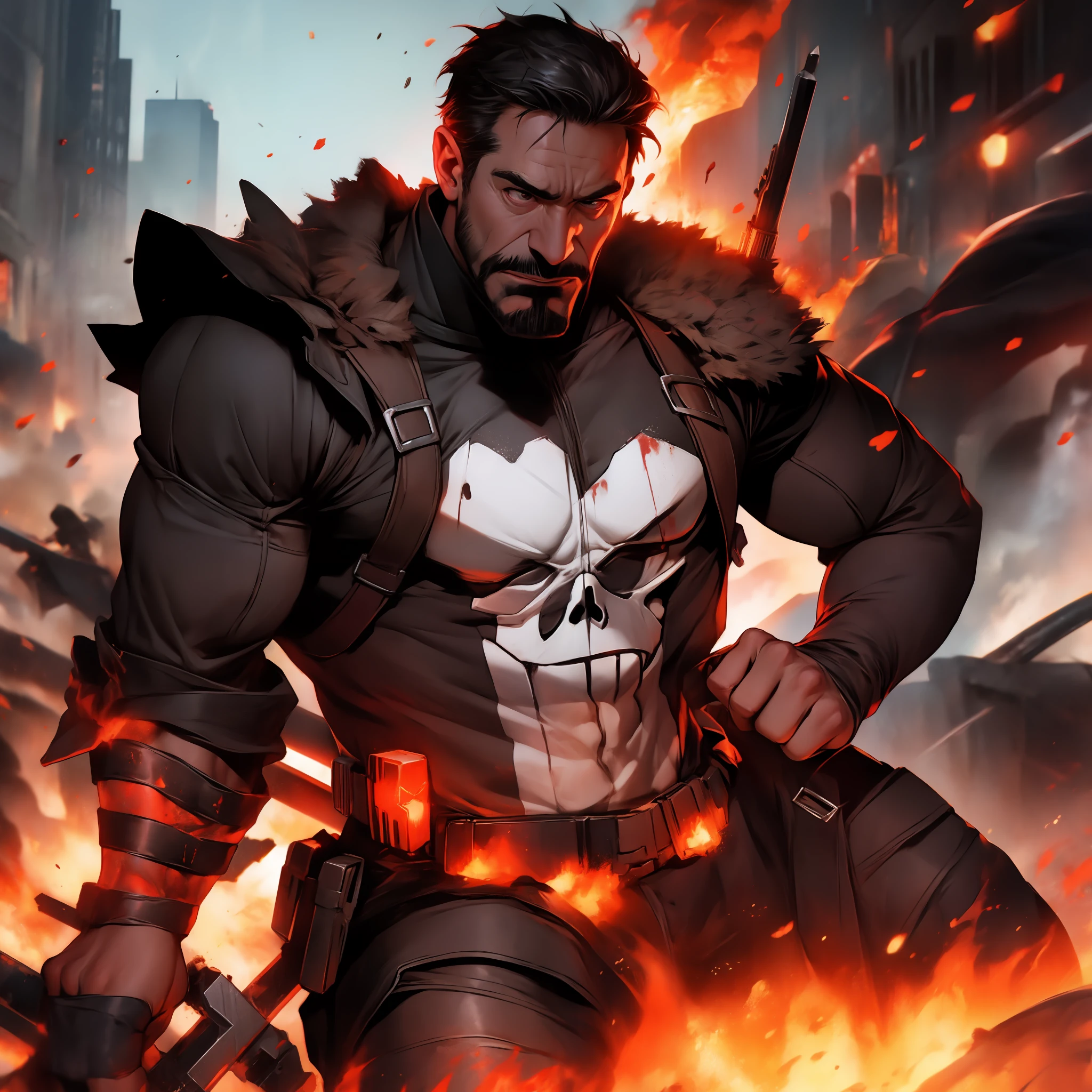 Segurando Arma de fogo, Punisher, Maravilha, Destroyed background, sangue