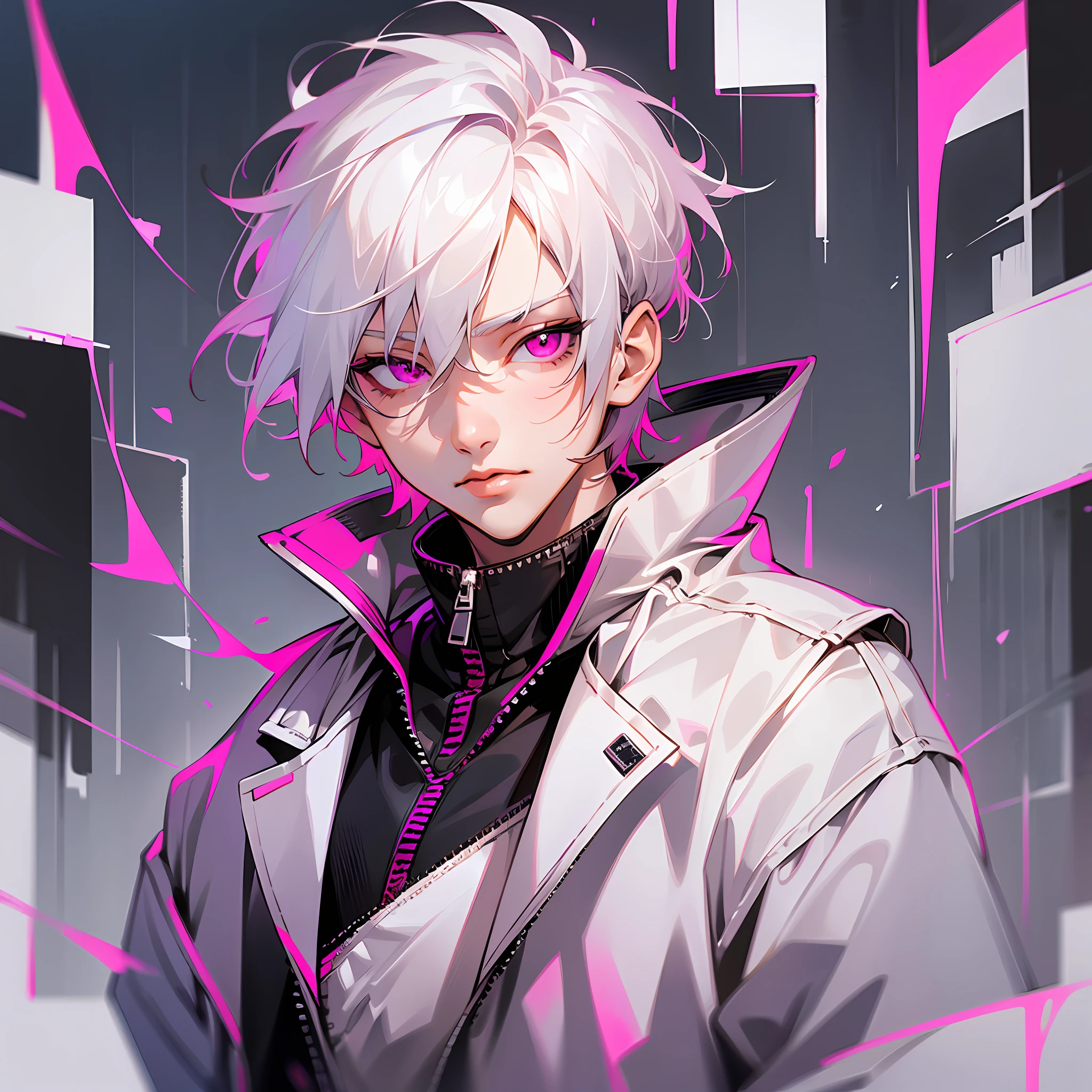 masterpiece, best quality, solo, pink eyes, white hair,1boy, jacket, upper body, white hair, looking at viewer, male focus, lips, zipper, short hair --auto --s2