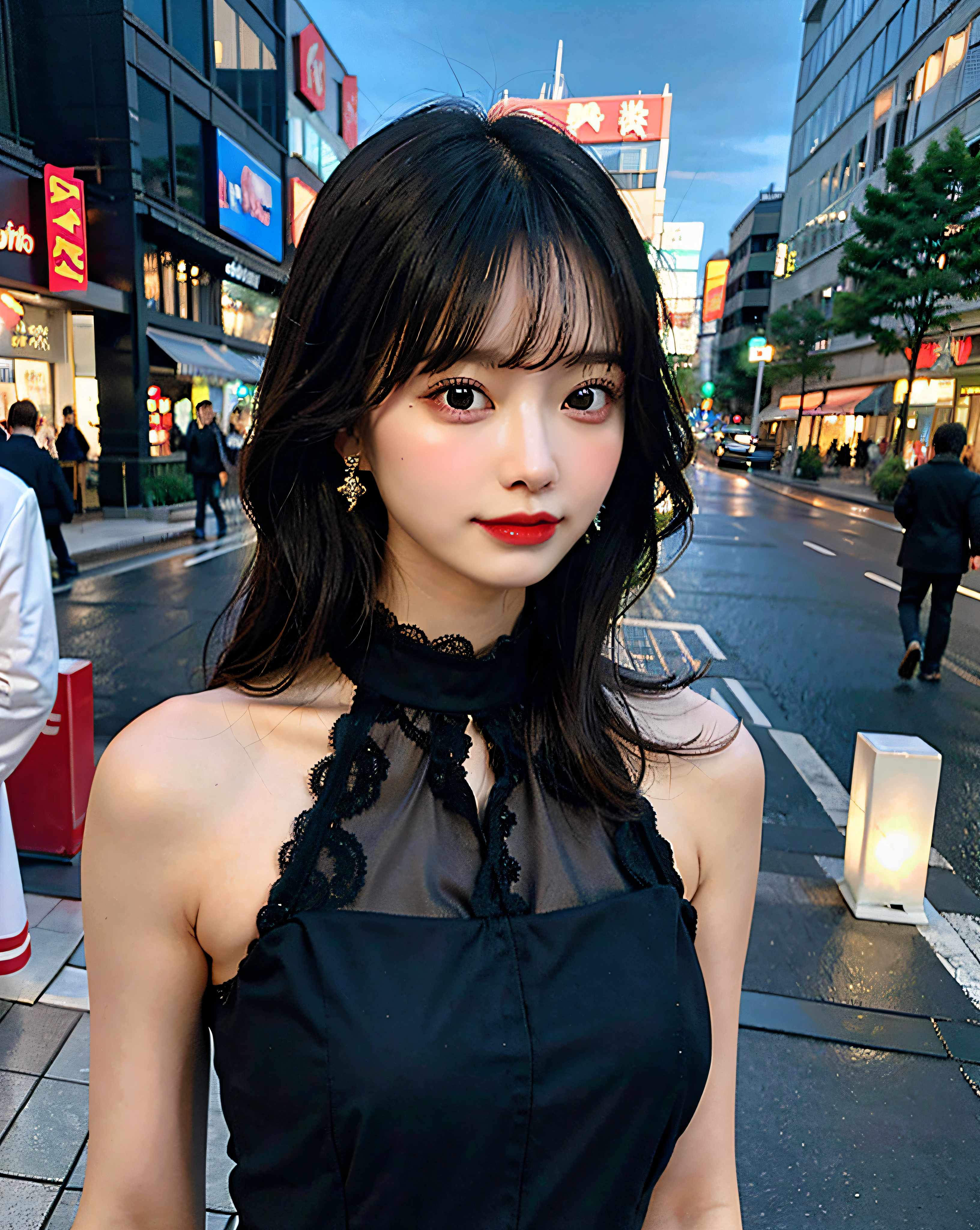 bestquality、Highres、8k、Girl 1 Mature Mature Mature Mature Woman Man、(Huge breasted)、During the Day、Bright、out door、(Street:0.8)、(People々、crowds:1)、(Lace) -trimmed dress:1.5、Light Black Clothing:1.5、Black High Neck Dress:1.5、sleeveless dress、Black Dress:1.5)、Luxury、(medium Hair)、beautiful detailed sky、beautiful earrings、(Dynamic Pose:0.8)、 (upper Body:1.2)、Illuminated by soft、Wind、Lustrous skin、line of sight、