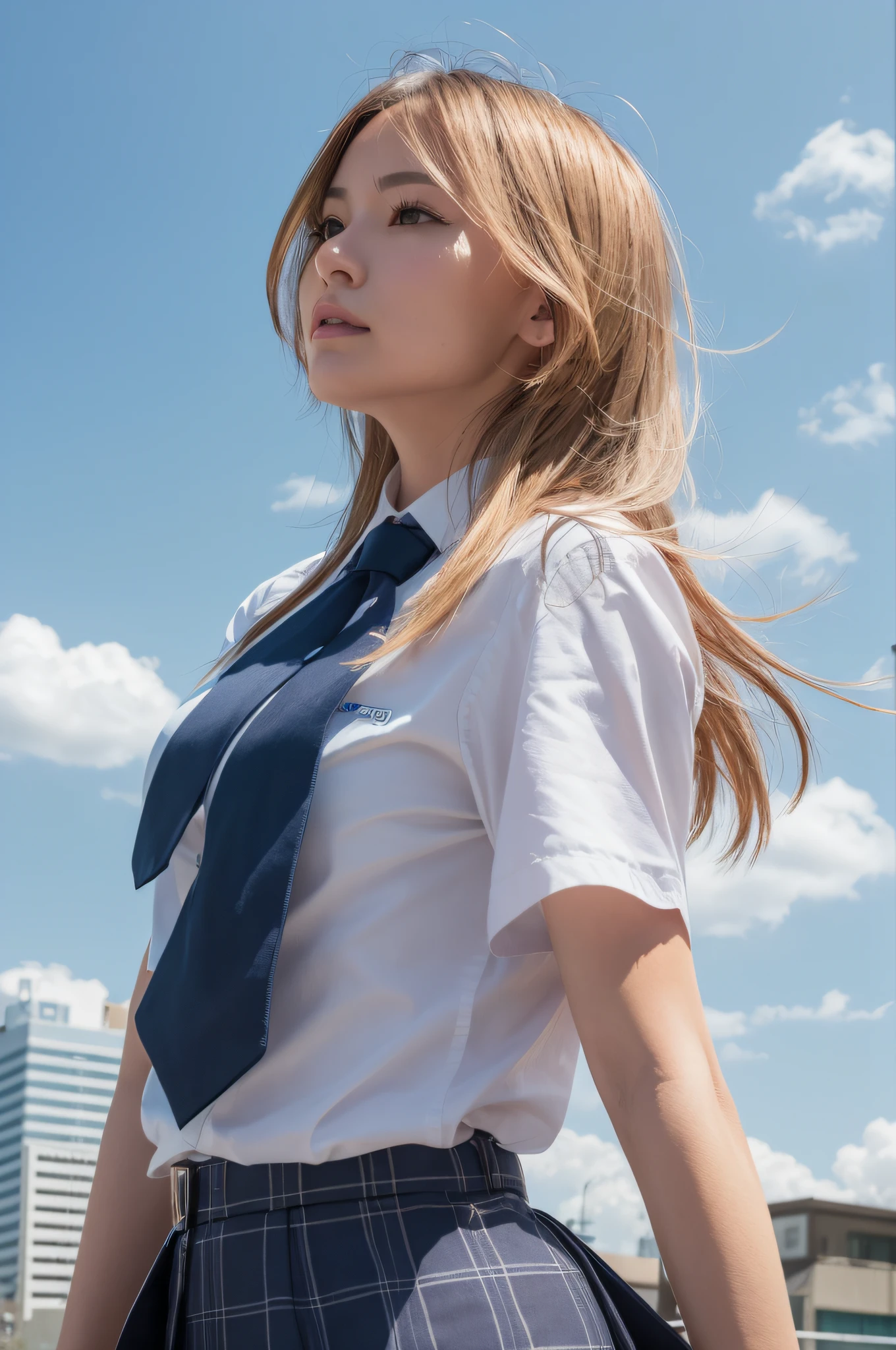 upper Body,From the Side,1 Mature woman,solo、beautiful  face、cutest、street scenery,Tokyo scenery,rooftop,daytime,Blue Sky,(Wind:1.2),Delicate face,Looking into the distance,Blonde long hair,Brown eyes,Short sleeve uniform,Silver-blue striped tie,Blue tartan skirt,hands on waist,looking into the distance,