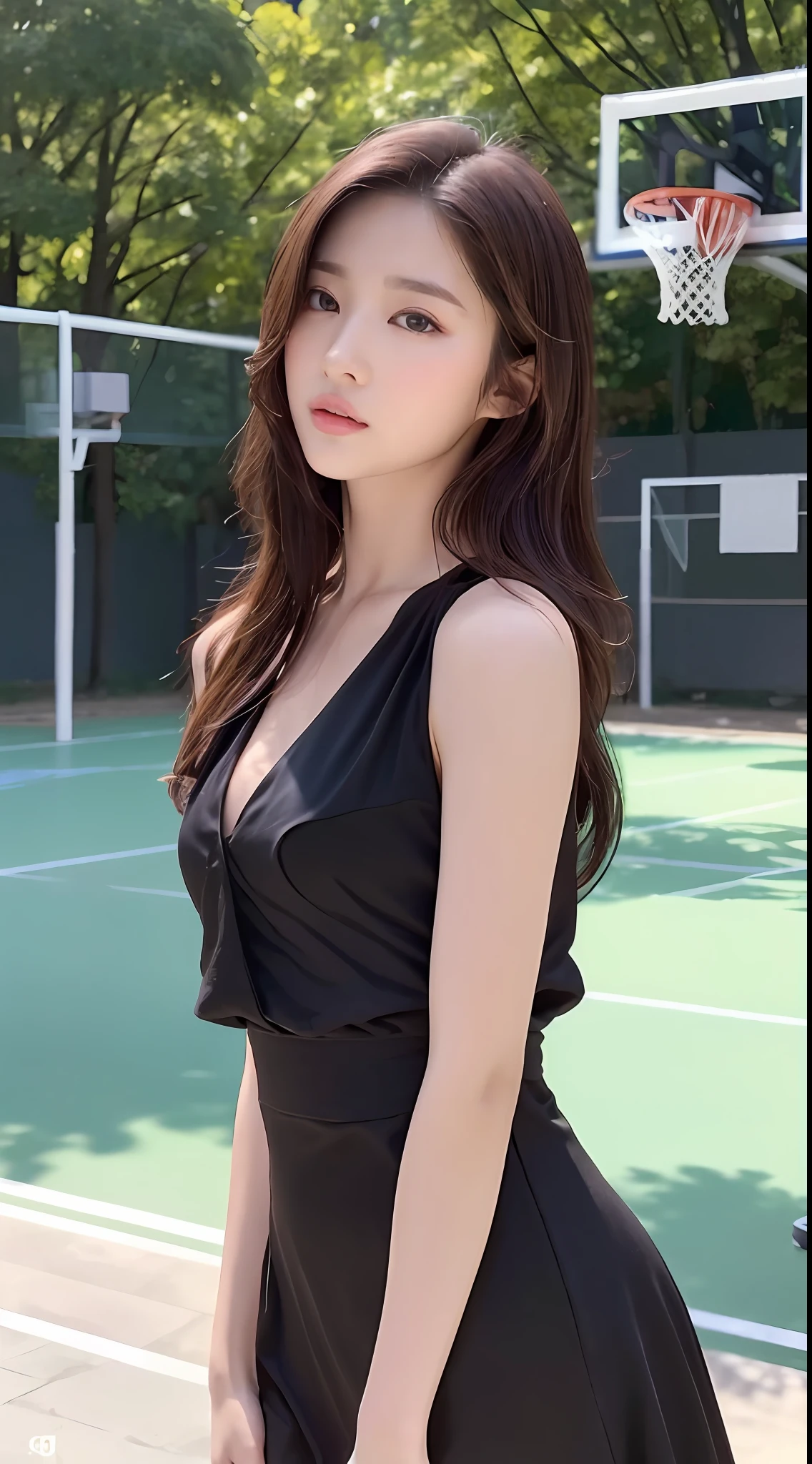 ((Realistic lighting, Bestquality, 8k, MASTERPIECE:1.3)), Sharp Focus:1.2, 1girl, A beauty with a perfect figure:1.4, Slim abs:1.1, ((Dark Brown Hair)), (One Piece Dresses:1.4）,（out door，Daytime：1.1），basketball court，Ultra-fine face，Fine eyes，Double eyelidd，