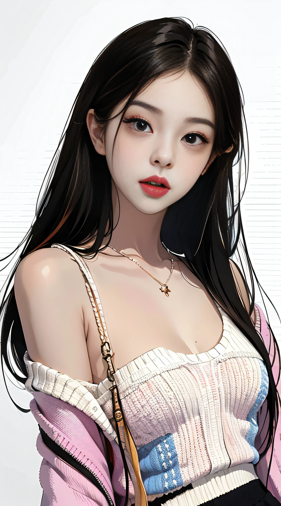 MASTERPIECE,Best),Light effect,superclear, the high,-definition picture, (front Face) solo,_Kim Ji-ni Jennie face,Black ball head,Wear a torn colored sweater,Knitted shorts,front Face,ID photo,upper Body,whitebackground